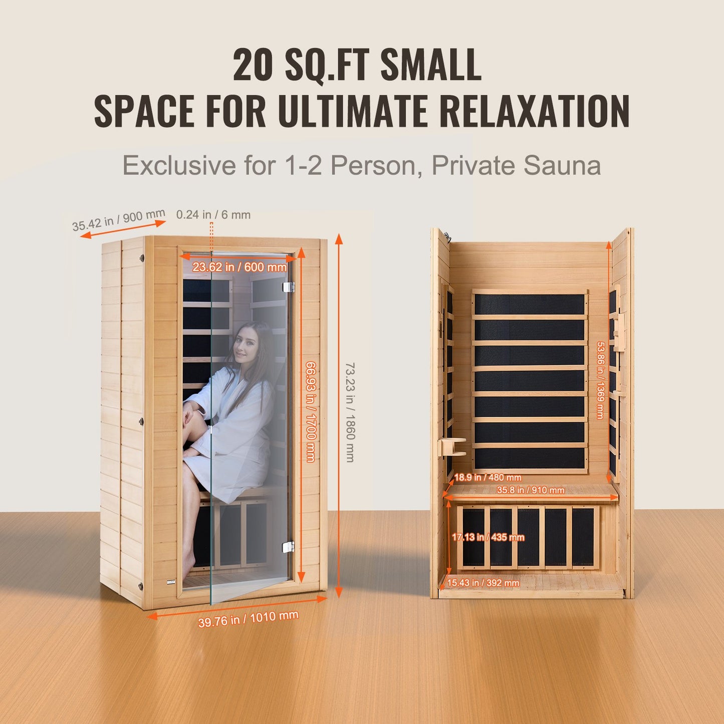 Ferninfrarot-Sauna aus Holz, Home Spa für 1 bis 2 Personen, 1400 W