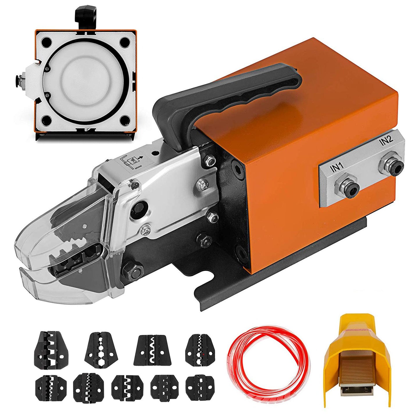 Pneumatisches Crimpwerkzeug Am-10, luftbetriebene Crimpmaschine für Kabelschuhe, die bis zu 16 mm2 crimpt, pneumatisches Crimpwerkzeug mit 10 Stempelsätzen für viele Arten von Anschlüssen