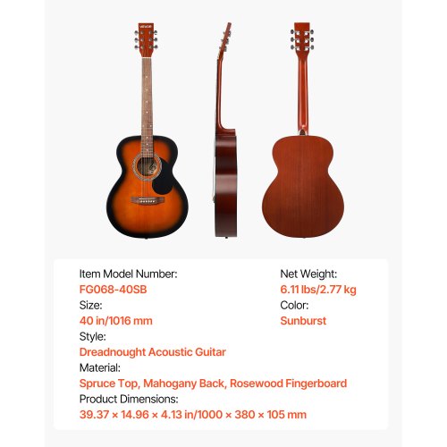 40-tums Dreadnought Akustisk Gitarr Nybörjarpaket Gigbag Vuxen Sunburst