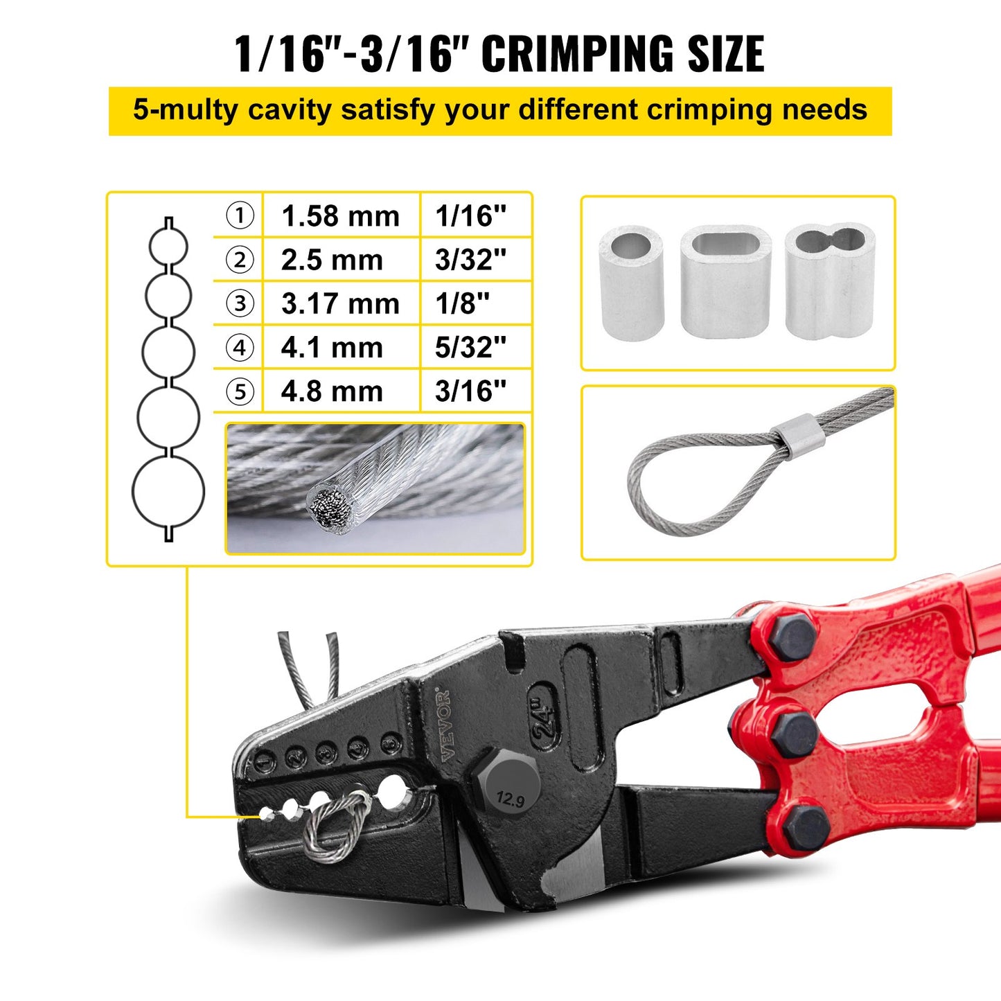 24 Inch Hand Crimping Tool 5 Cavities 1/16 to 3/16 Inch Crimping Tool for Oval Copper Aluminum Ferrules and Stopper Ferrules Wire Crimping Tool Propress Swage Tool Long Handle Labor Saving