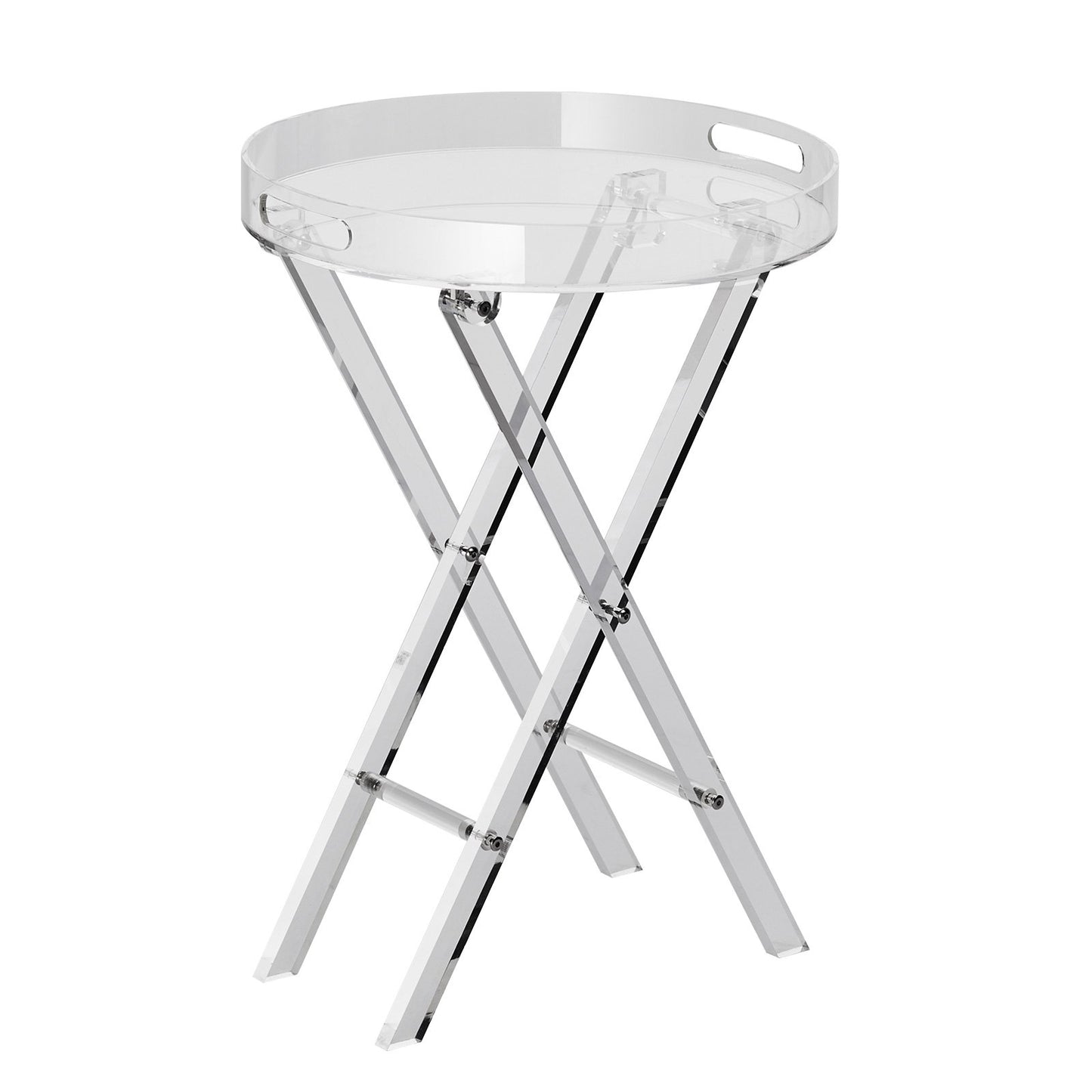 Foldable acrylic tray table, acrylic end table with foldable X-leg, clear acrylic side table for coffee, drinks, food, snacks used in living room, bedroom and study