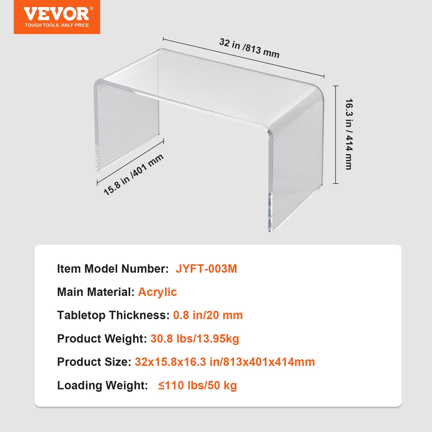 Acrylic Coffee Table, C-Shaped Clear Acrylic End Table, 16.3 Inch High Transparent Acrylic Side Table, for Coffee, Drink, Food, Snacks Used in Living Room, Courtyard, Terrace