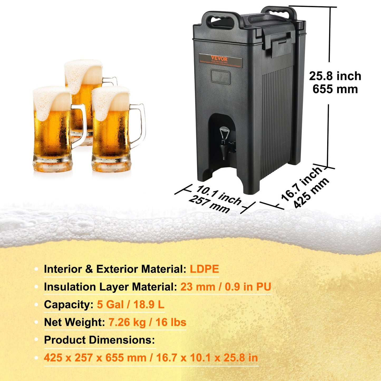 Isolerad dryckesdispenser, 5 gallon, livsmedelsklassad LDPE server för varm och kall dryck, kylare för termisk dryck med 0,9 tums PU-lager tvåstegs kranhandtag, för restaurangens dryckesbutik
