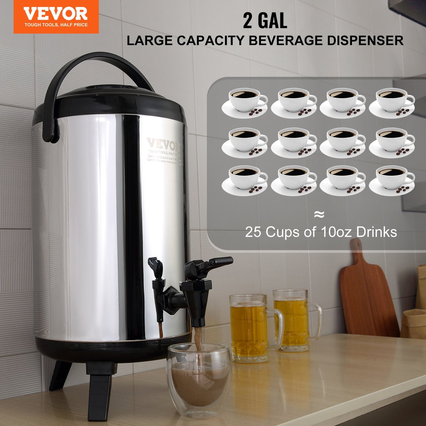Stainless Steel Insulated Beverage Dispenser, 2 Gallon 7.6 Liter, Thermal Server for Hot and Cold Beverages with Tap Handle, Food Grade for Hot Tea Coffee Water Restaurant Drink Shop