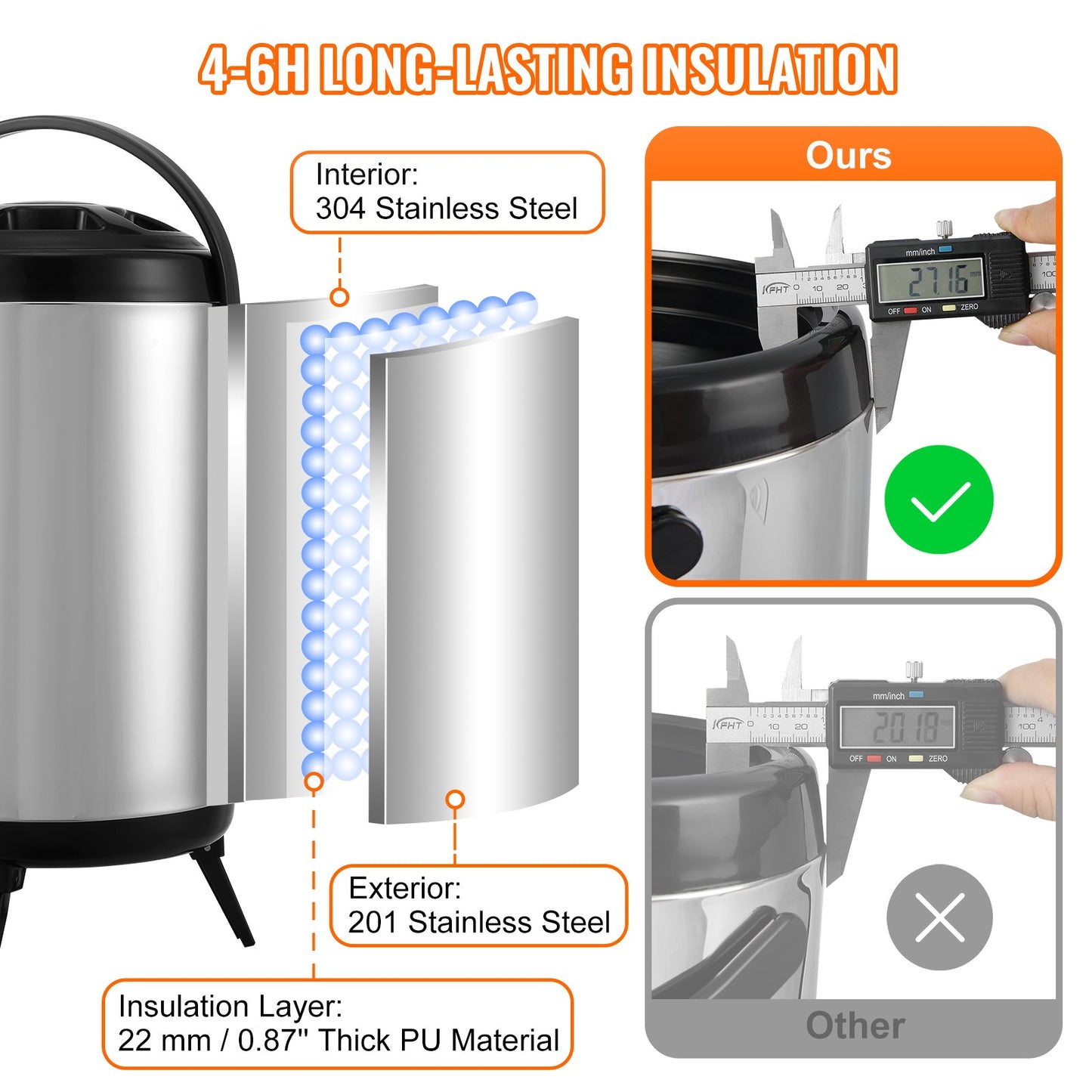 Stainless Steel Insulated Beverage Dispenser, 2 Gallon 7.6 Liter, Thermal Server for Hot and Cold Beverages with Tap Handle, Food Grade for Hot Tea Coffee Water Restaurant Drink Shop