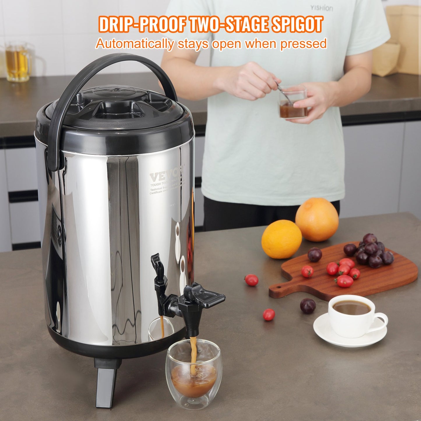 Stainless Steel Insulated Beverage Dispenser, 2 Gallon 7.6 Liter, Thermal Server for Hot and Cold Beverages with Tap Handle, Food Grade for Hot Tea Coffee Water Restaurant Drink Shop
