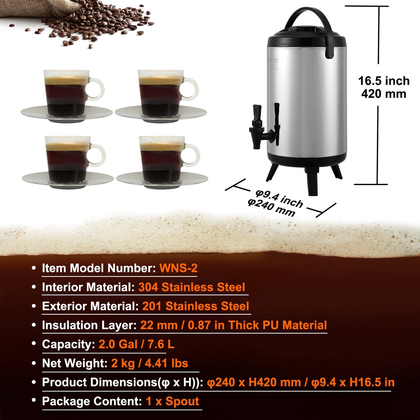 Stainless Steel Insulated Beverage Dispenser, 2 Gallon 7.6 Liter, Thermal Server for Hot and Cold Beverages with Tap Handle, Food Grade for Hot Tea Coffee Water Restaurant Drink Shop