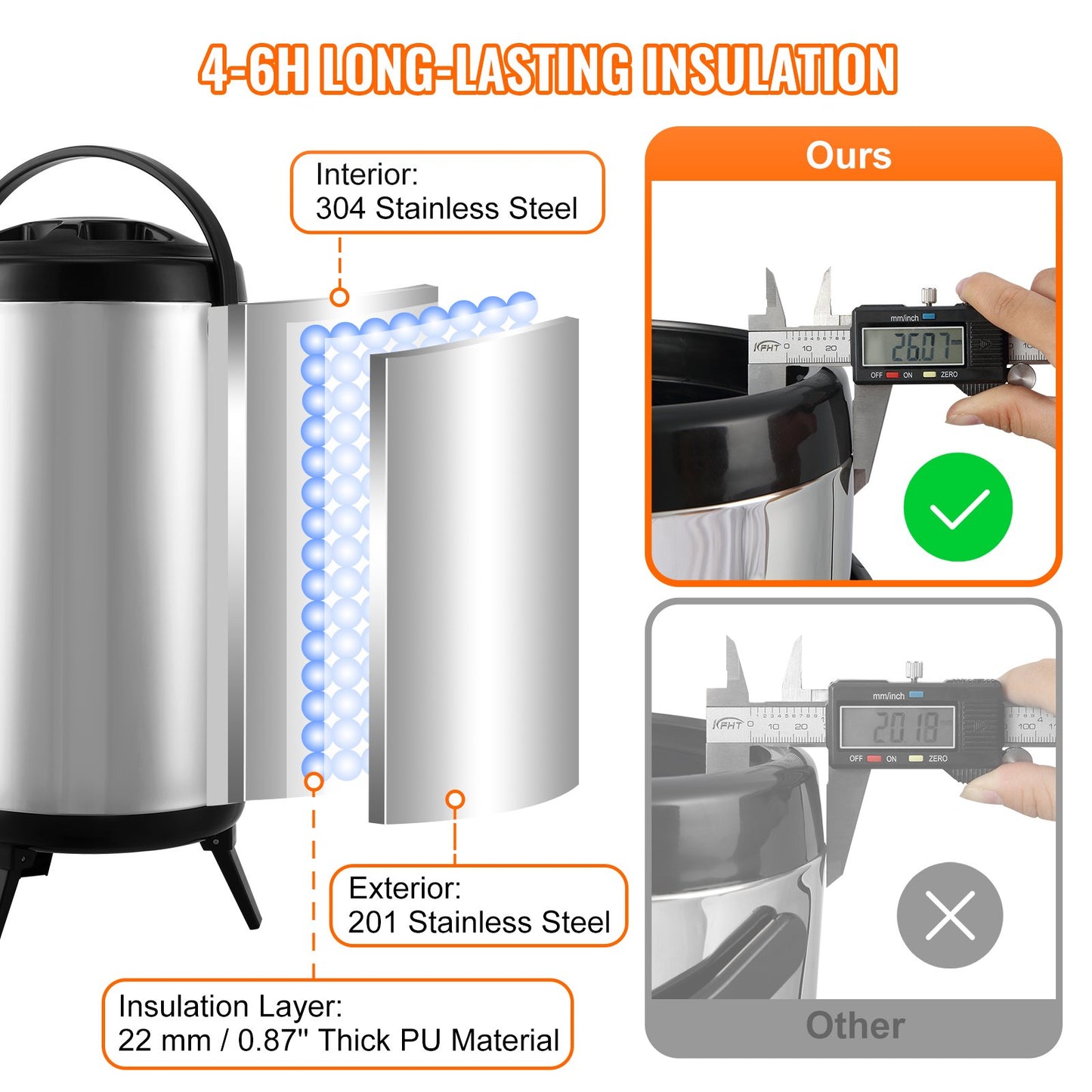 Rostfritt stål isolerad dryckesautomat, 2,4 gallon 9,2 liter, termisk server för varm och kall dryck med tapphandtag, livsmedelsklassad för varmt te Kaffe Vatten Restaurang Dryckesbutik