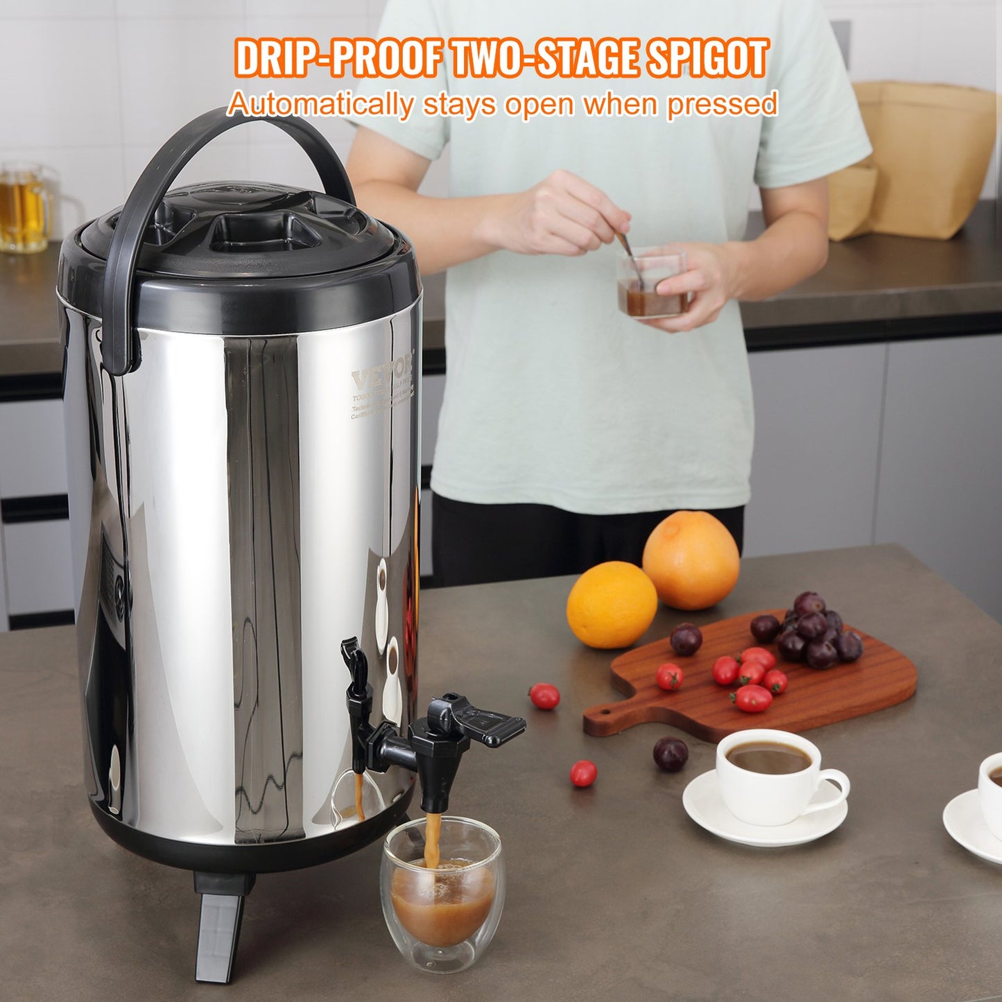 Rostfritt stål isolerad dryckesautomat, 2,4 gallon 9,2 liter, termisk server för varm och kall dryck med tapphandtag, livsmedelsklassad för varmt te Kaffe Vatten Restaurang Dryckesbutik