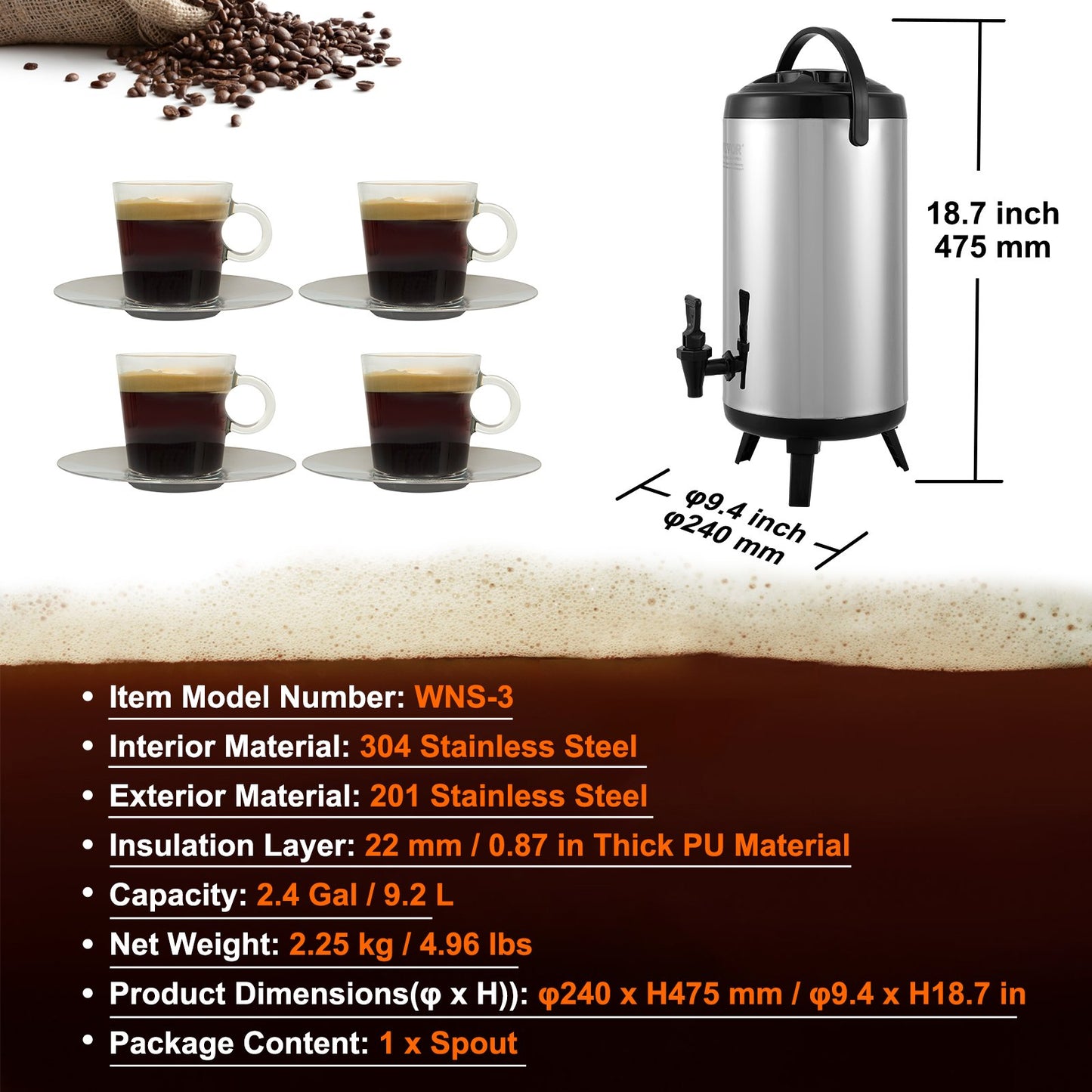 Rostfritt stål isolerad dryckesautomat, 2,4 gallon 9,2 liter, termisk server för varm och kall dryck med tapphandtag, livsmedelsklassad för varmt te Kaffe Vatten Restaurang Dryckesbutik