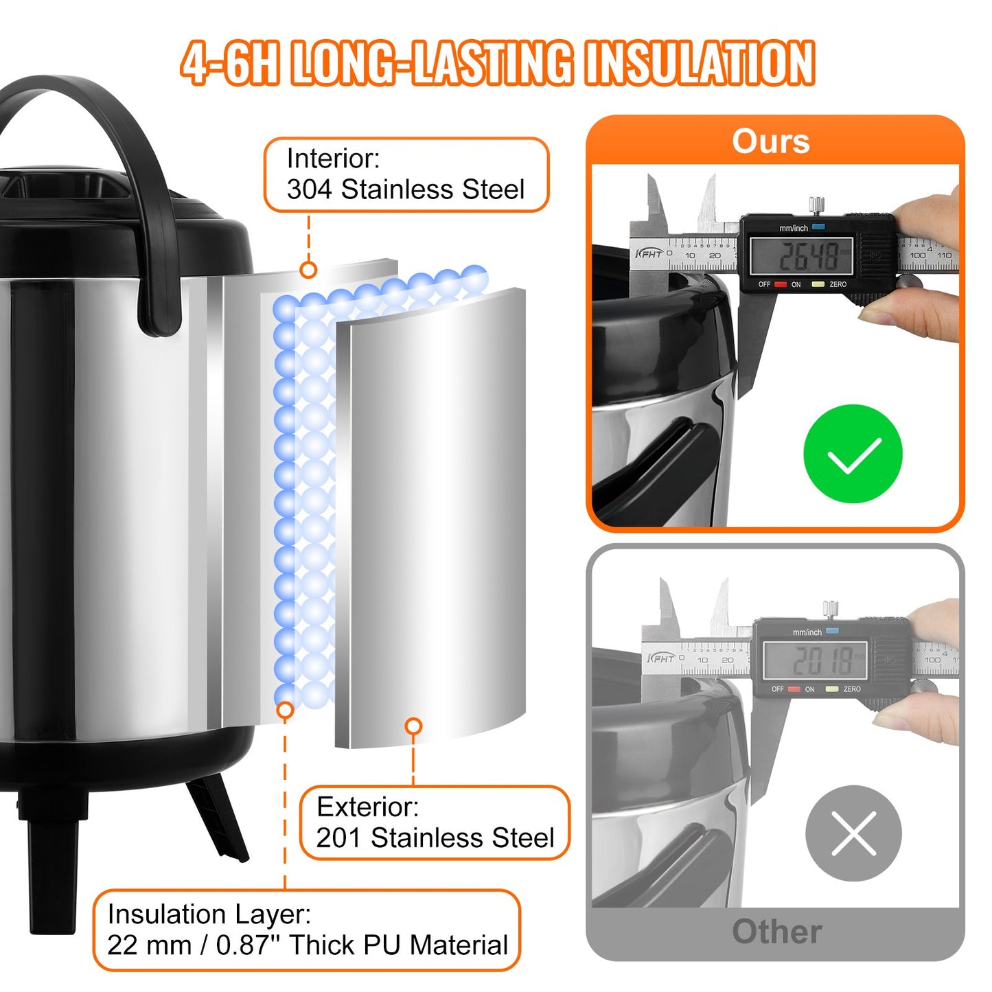 Rostfritt stål isolerad dryckesautomat, 1,5 gallon 6 liter, termisk server för varm och kall dryck med tapphandtag, livsmedelsklassad för varmt te Kaffe Vatten Restaurang Dryckesbutik