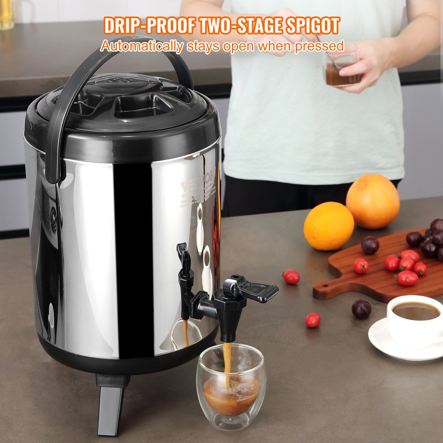 Rostfritt stål isolerad dryckesautomat, 1,5 gallon 6 liter, termisk server för varm och kall dryck med tapphandtag, livsmedelsklassad för varmt te Kaffe Vatten Restaurang Dryckesbutik