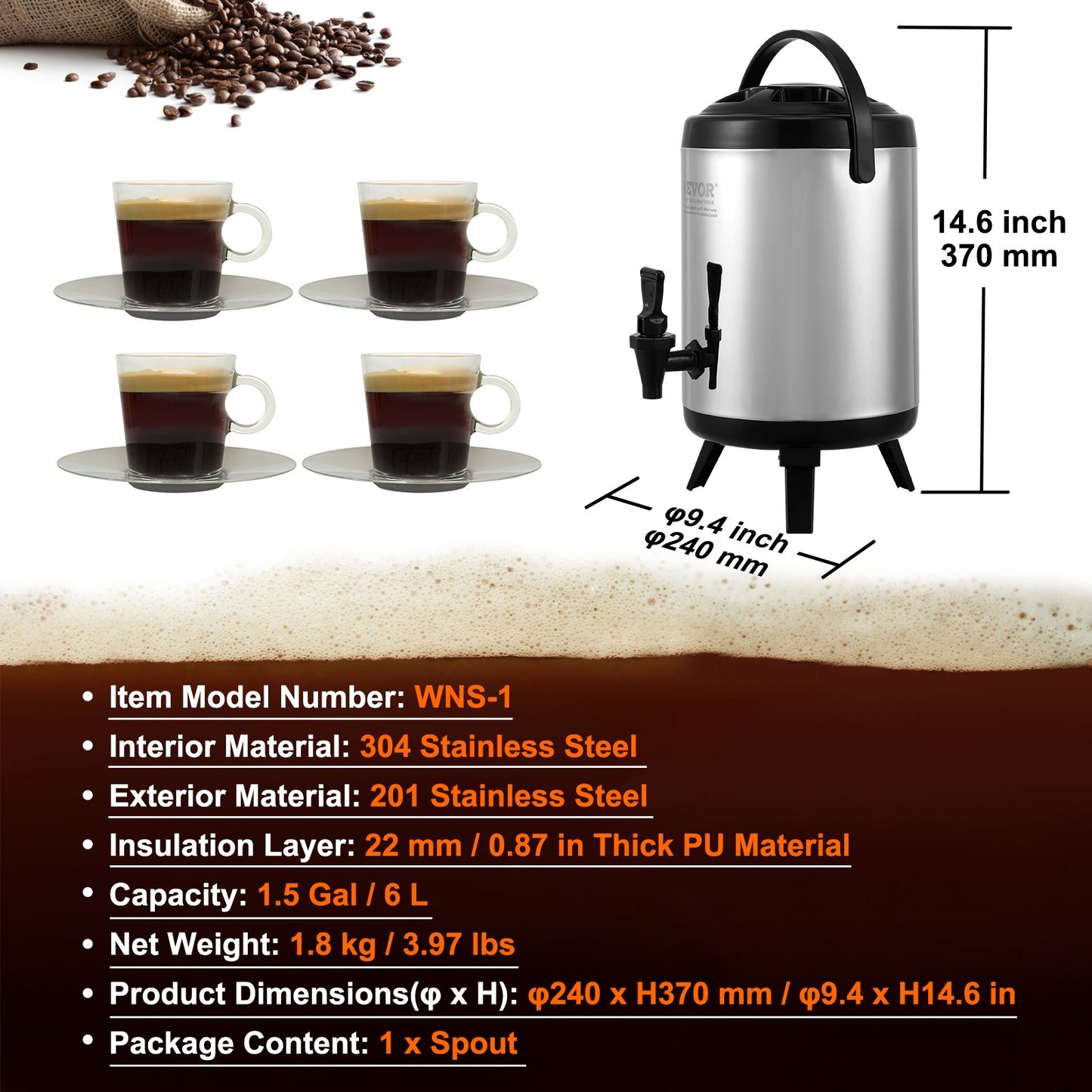 Rostfritt stål isolerad dryckesautomat, 1,5 gallon 6 liter, termisk server för varm och kall dryck med tapphandtag, livsmedelsklassad för varmt te Kaffe Vatten Restaurang Dryckesbutik