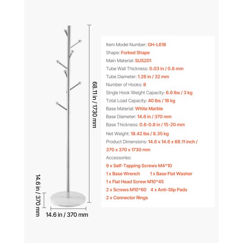 Kleiderbügel Freistehender Kleiderbügel mit stabilem Marmorsockel und 8 Haken | EU