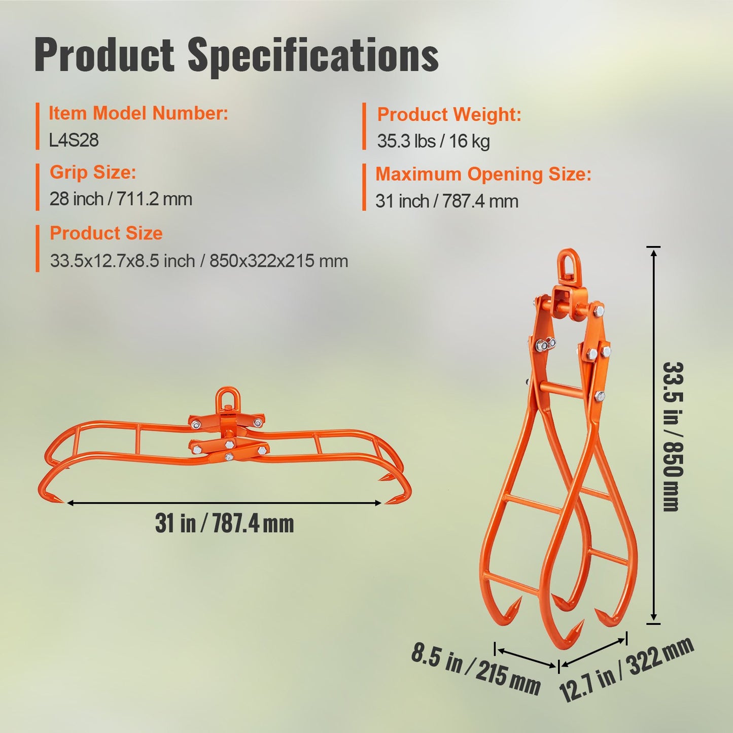 Timber Claw Hook, 28 tums 4 Claw Log Grip för timmertång, svängbara stålstockar lyfttång, Eagle Claws Design med 2205 lbs/1000 kg lastkapacitet för traktorer, terränghjulingar, lastbilar, gaffeltruckar