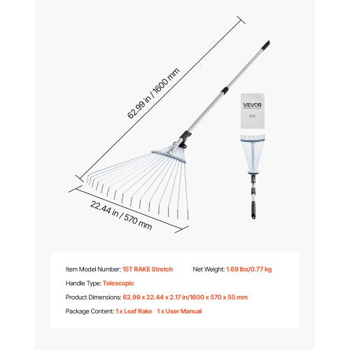 Lövkratta, 15 metallpinnar, justerbar trädgårdskratta för gräsmattor med 19-57 cm brett huvud och 81,3-160 cm långt handtag, kraftigt rostfritt stålverktyg för små löv för trädgårdsskötsel, camping, gårdsplan, gräs | EU