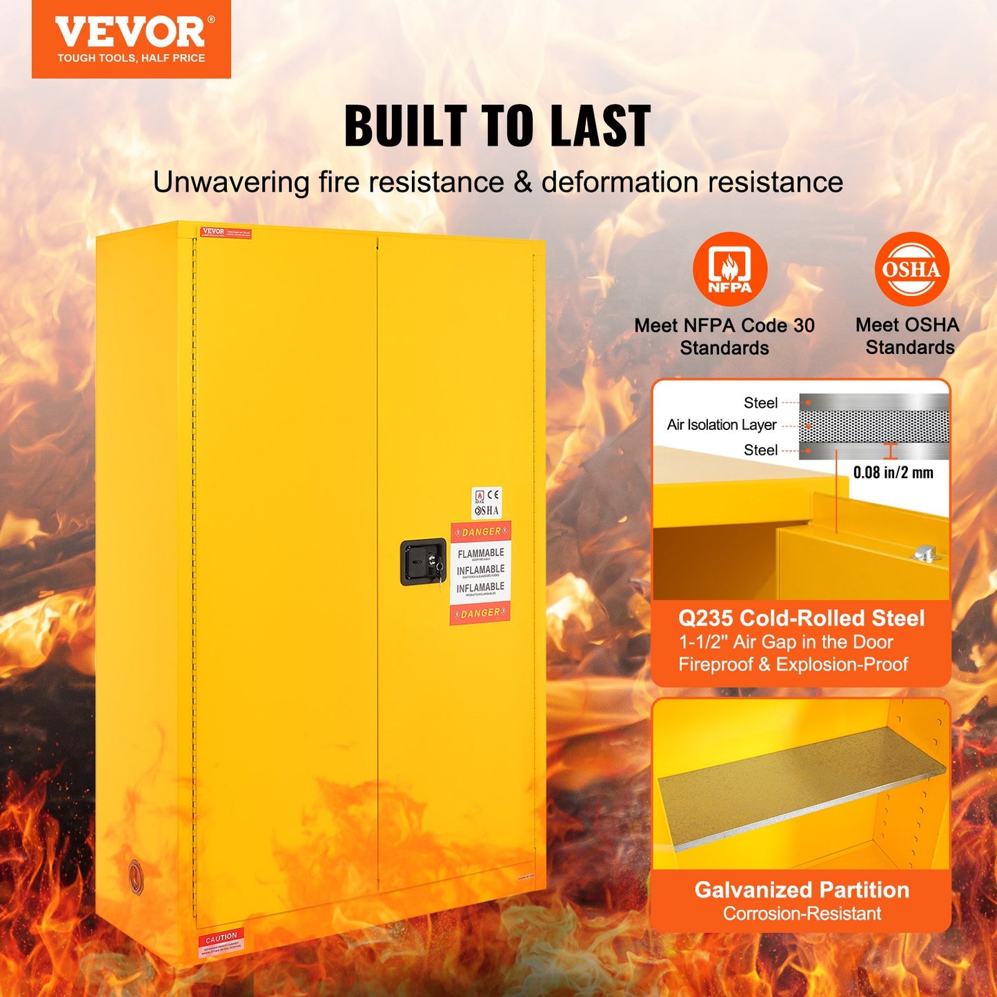 Flammable Safety Cabinet, 45 Gal, Cold Rolled Steel Flammable Liquid Storage Cabinet, 42.9 x 18.1 x 65.2 in Explosion Proof with 2 Adjustable Shelves 2 Manual Doors for Industrial Use, Yellow