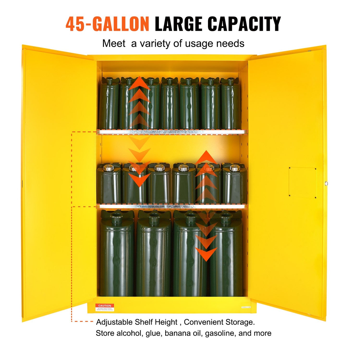 Flammable Safety Cabinet, 45 Gal, Cold Rolled Steel Flammable Liquid Storage Cabinet, 42.9 x 18.1 x 65.2 in Explosion Proof with 2 Adjustable Shelves 2 Manual Doors for Industrial Use, Yellow