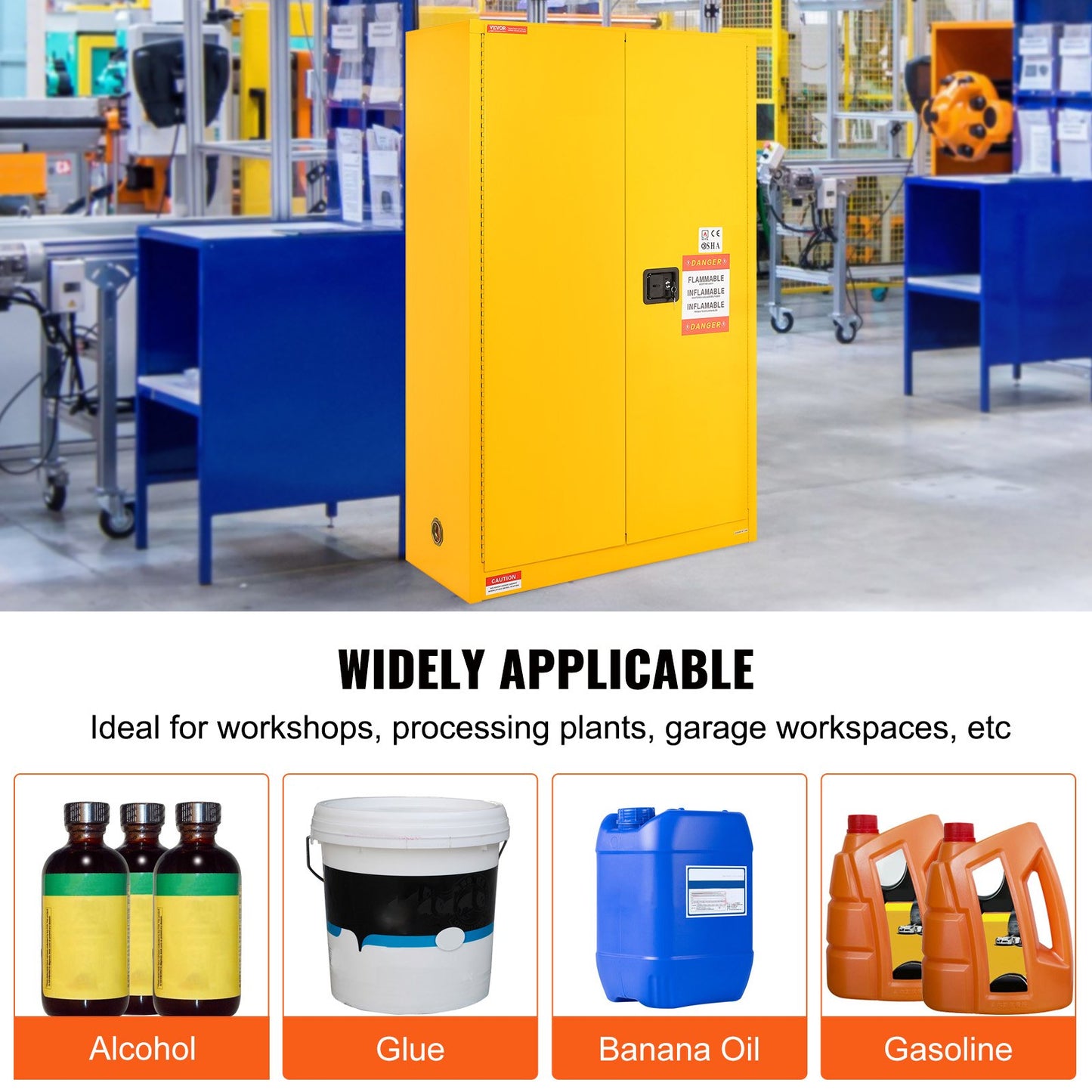 Flammable Safety Cabinet, 45 Gal, Cold Rolled Steel Flammable Liquid Storage Cabinet, 42.9 x 18.1 x 65.2 in Explosion Proof with 2 Adjustable Shelves 2 Manual Doors for Industrial Use, Yellow