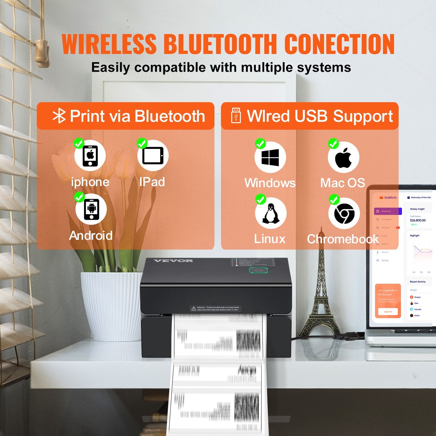 Termisk etikettskrivare, 300DPI för 4x6 postpaket, Bluetooth och automatisk etikettigenkänning, stöd för Windows/MacOS/Linux/Chromebook/Android/IOS, kompatibel med Amazon, eBay, Etsy, etc, svart