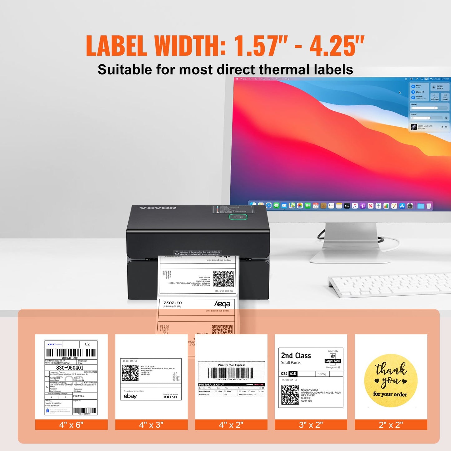 Termisk etikettskrivare, 300DPI för 4x6 postpaket, Bluetooth och automatisk etikettigenkänning, stöd för Windows/MacOS/Linux/Chromebook/Android/IOS, kompatibel med Amazon, eBay, Etsy, etc, svart