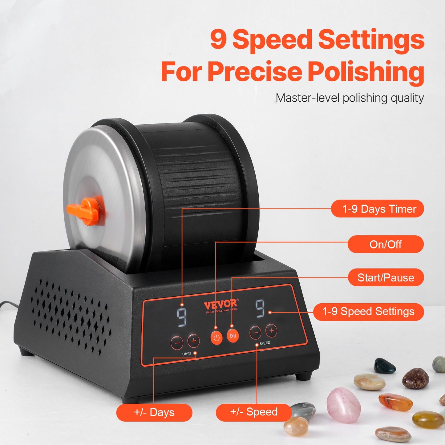 Rock Tumbler Machine 4 lbs Rock Polishing Kit 9-speed 9-day timer steel