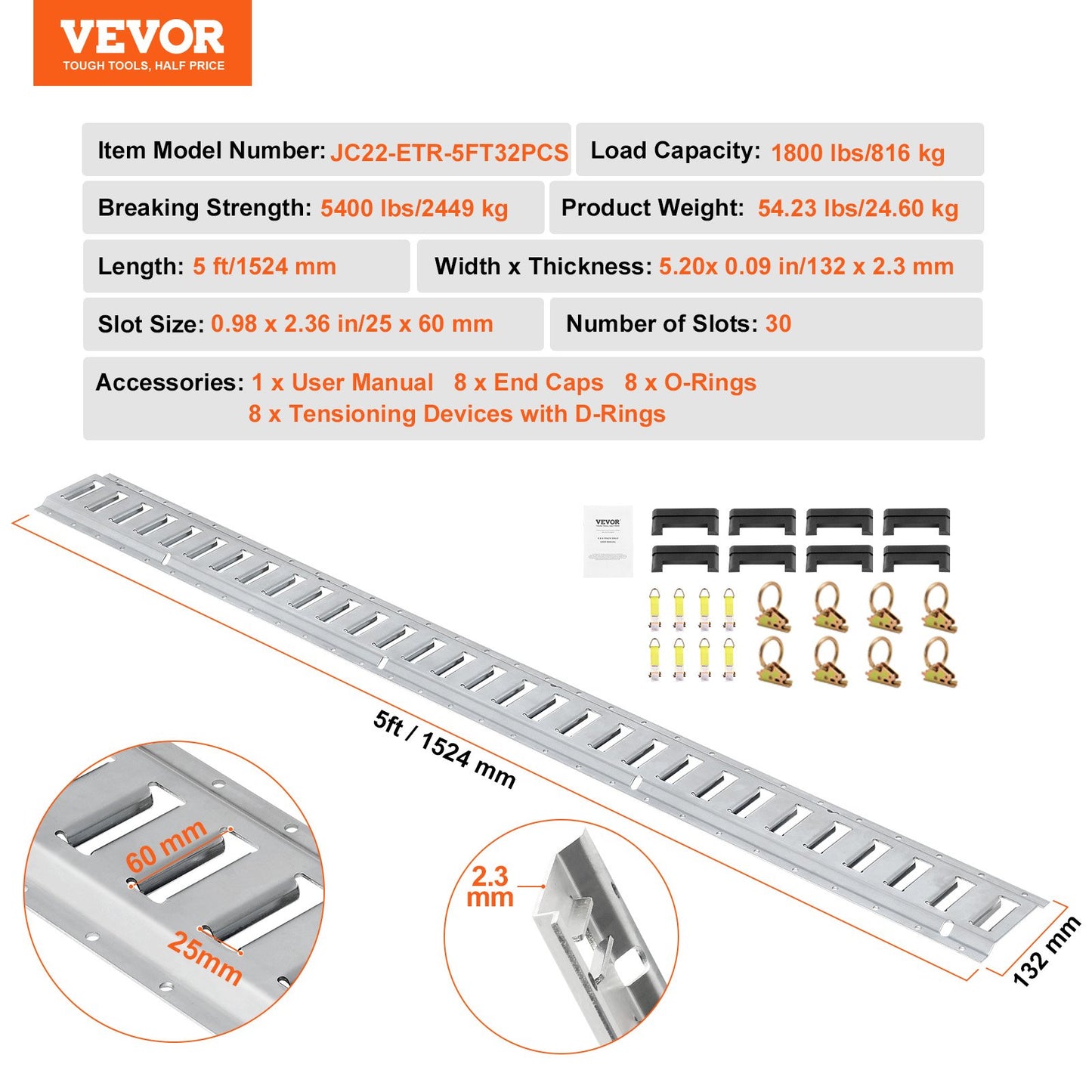 E Track Tie-Down Rail Kit, 34PCS 5FT E-Track Set Includes 8 Steel Rails & 2 Single Tracks & 8 O-Rings & 8 Fasteners with D-Ring & 8 End Caps, Securing Accessories for Cargo, Motorcycles and Bicycles