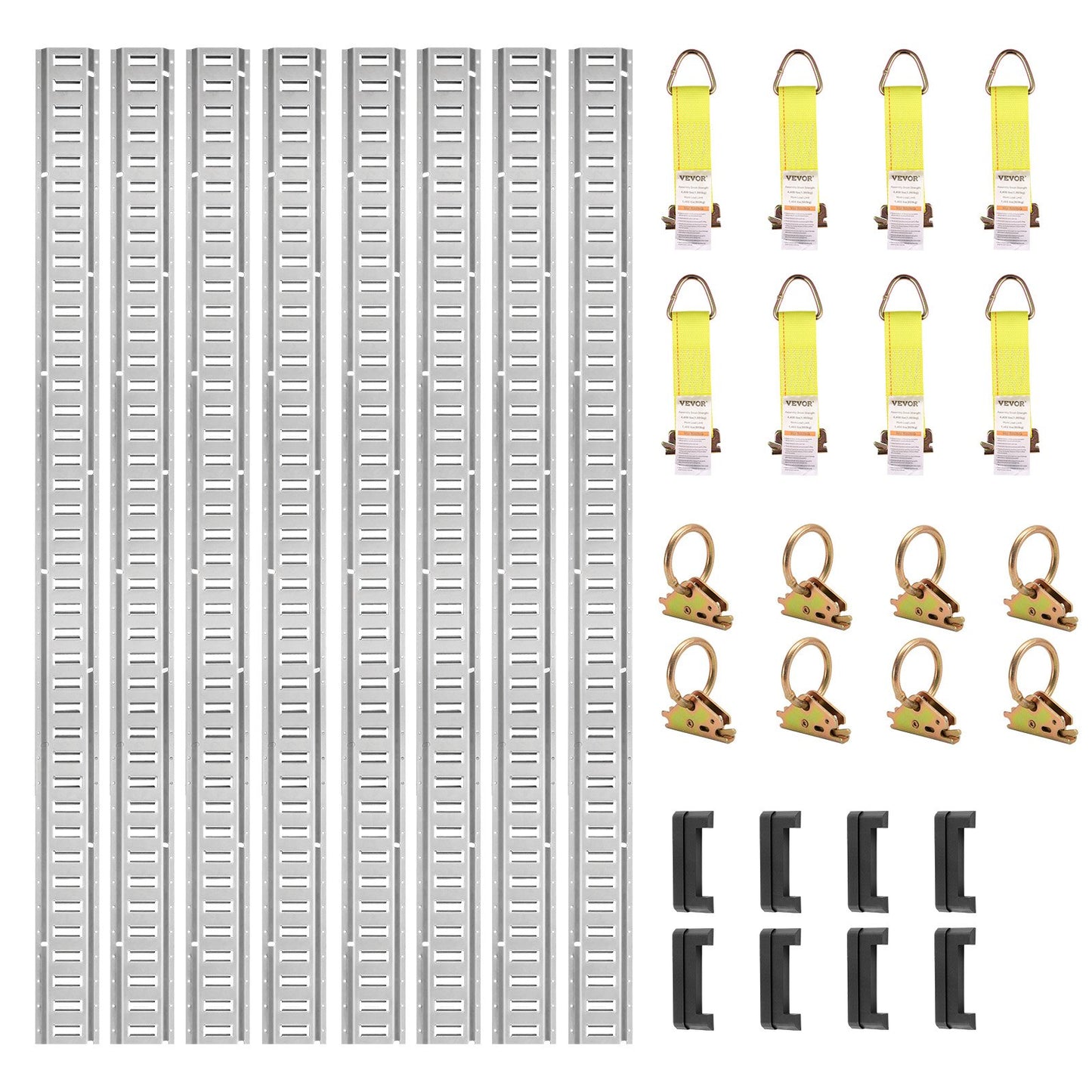 E Track Tie-Down Rail Kit, 34PCS 5FT E-Track Set Includes 8 Steel Rails & 2 Single Tracks & 8 O-Rings & 8 Fasteners with D-Ring & 8 End Caps, Securing Accessories for Cargo, Motorcycles and Bicycles