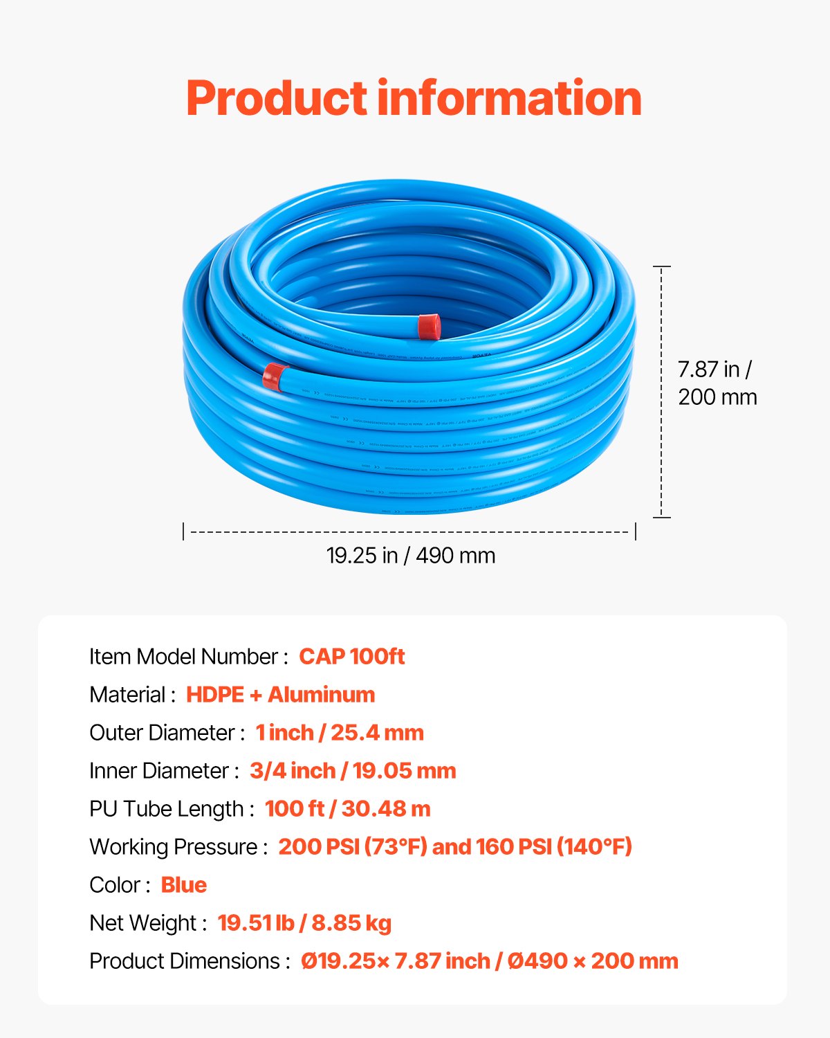 Luftkompressor-Leitungssatz 3/4'' x 100FT HDPE/Aluminium-Luftleitungssystem Blau