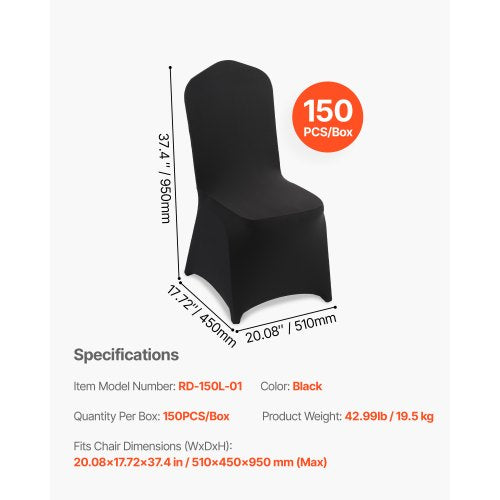 150 st svarta stolsöverdrag, polyester spandex stolsöverdrag, stretchöverdrag för bröllopsfest middag bankett platt front stolsöverdrag, passar stolsmått upp till 20,08 x 17,72 x 37,4 tum | EU