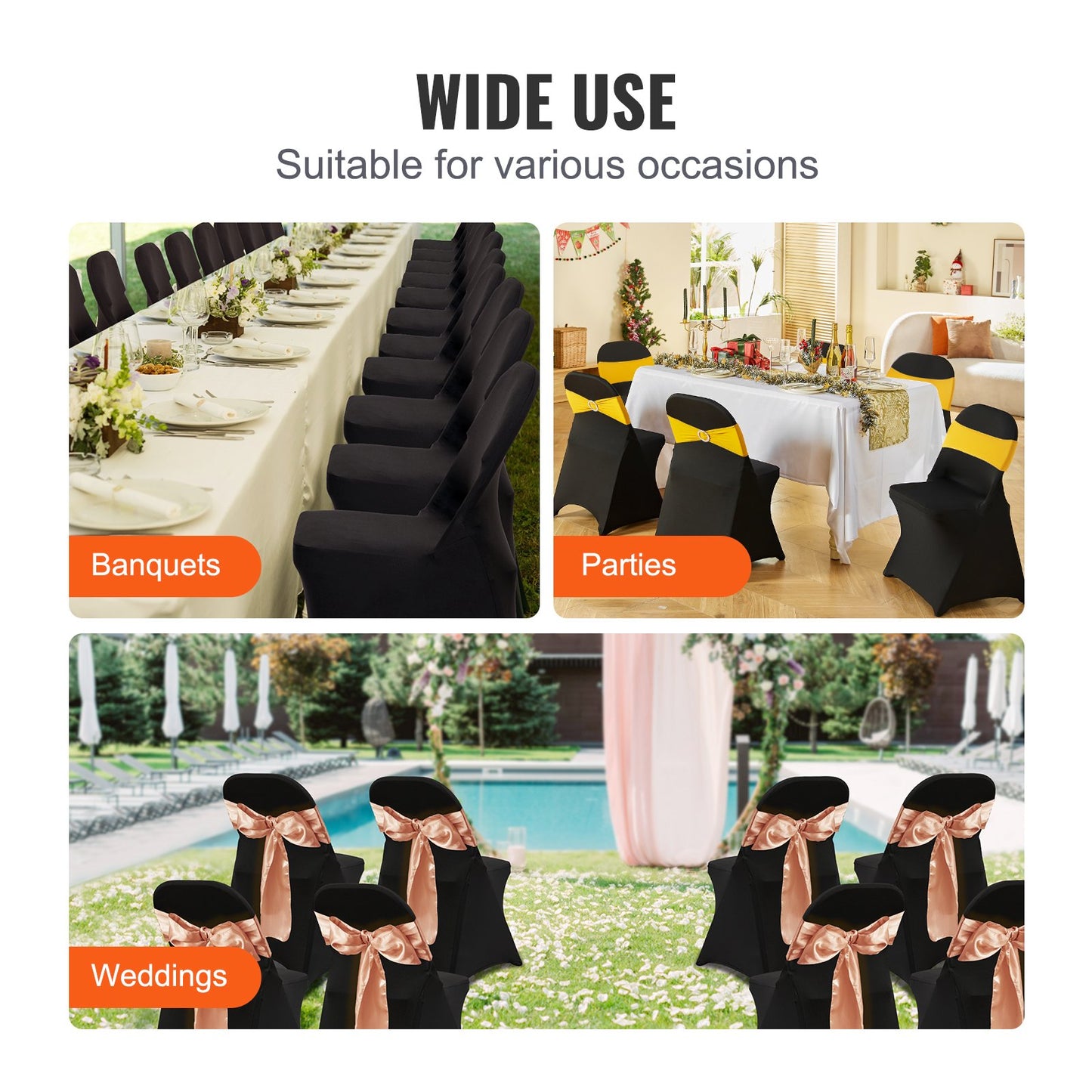 50PCS Black, Stretch Spandex Folding Chair Covers, Universal Fitted Chair Covers, Removable Washable Protective Covers, for Wedding, Holiday, Banquet, Party, Celebration, Dinners