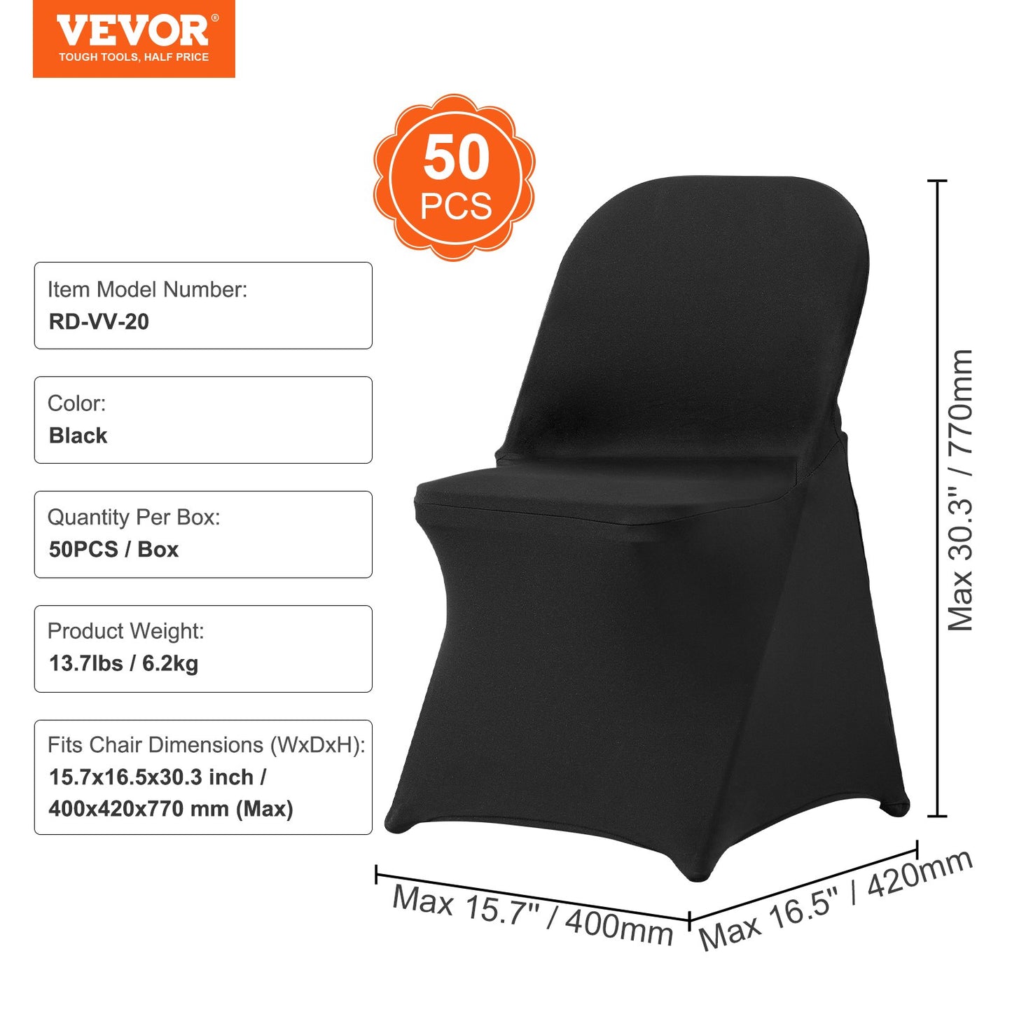 50PCS Black, Stretch Spandex Folding Chair Covers, Universal Fitted Chair Covers, Removable Washable Protective Covers, for Wedding, Holiday, Banquet, Party, Celebration, Dinners