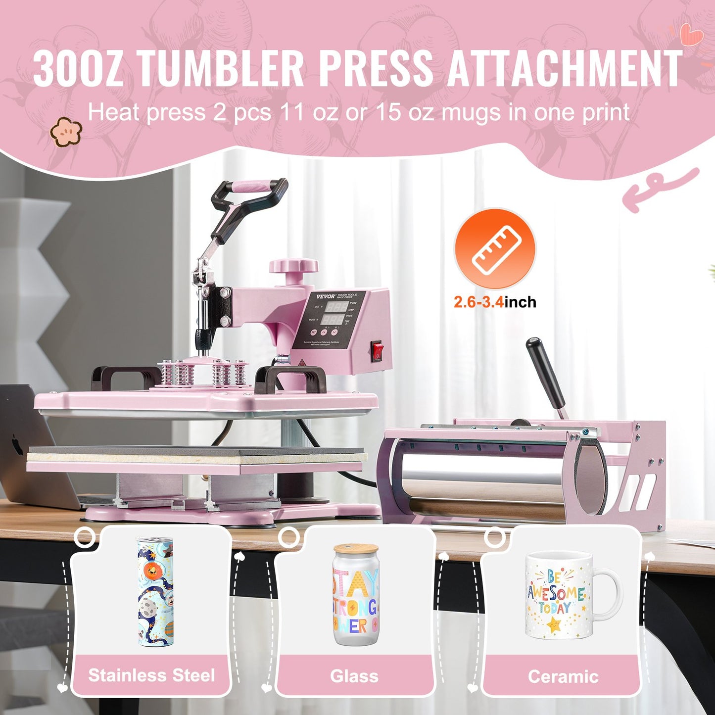 Heat Press Machine 12x15 i 5 i 1 med 30oz Tumbler Press T-shirts Rosa
