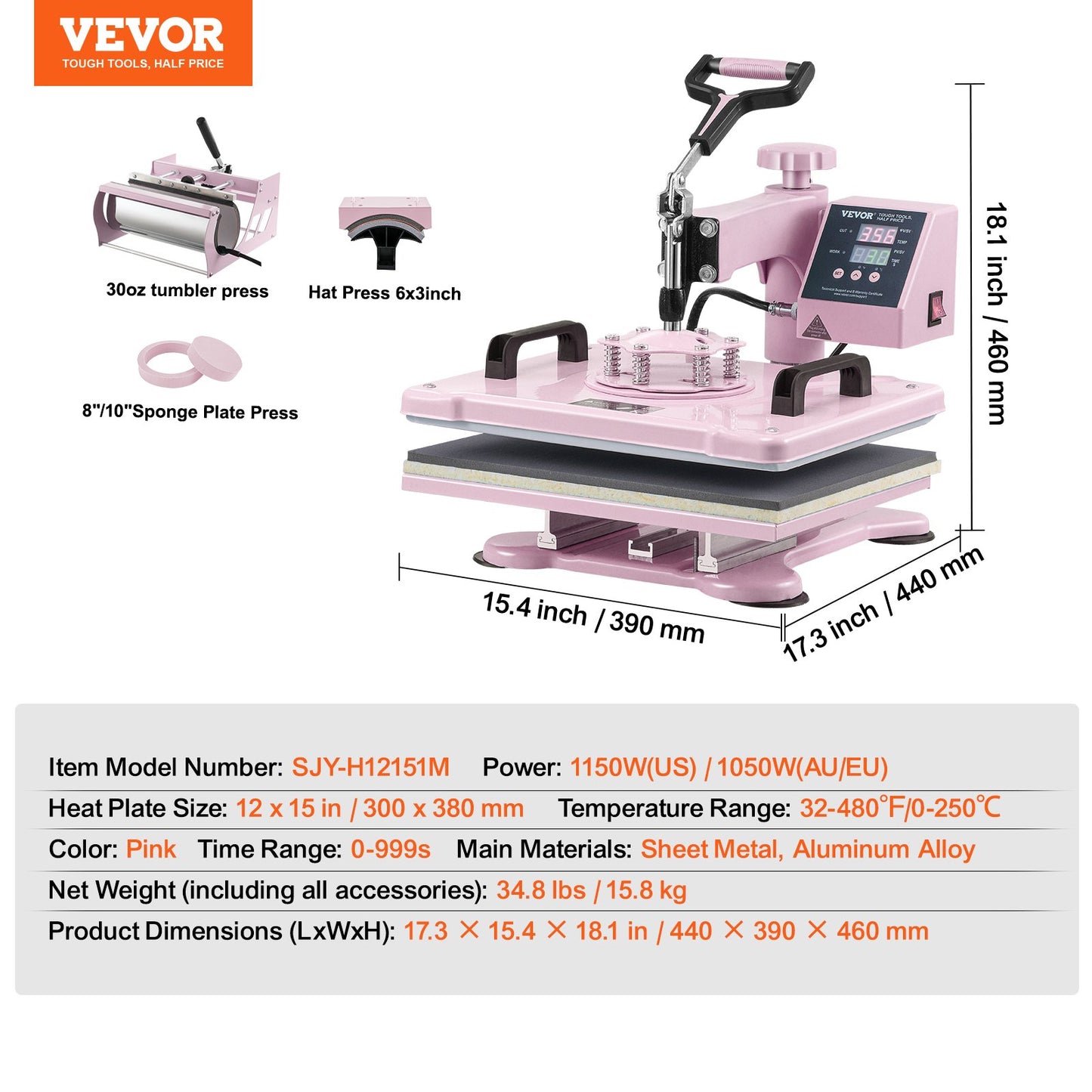 Heat Press Machine 12x15 i 5 i 1 med 30oz Tumbler Press T-shirts Rosa