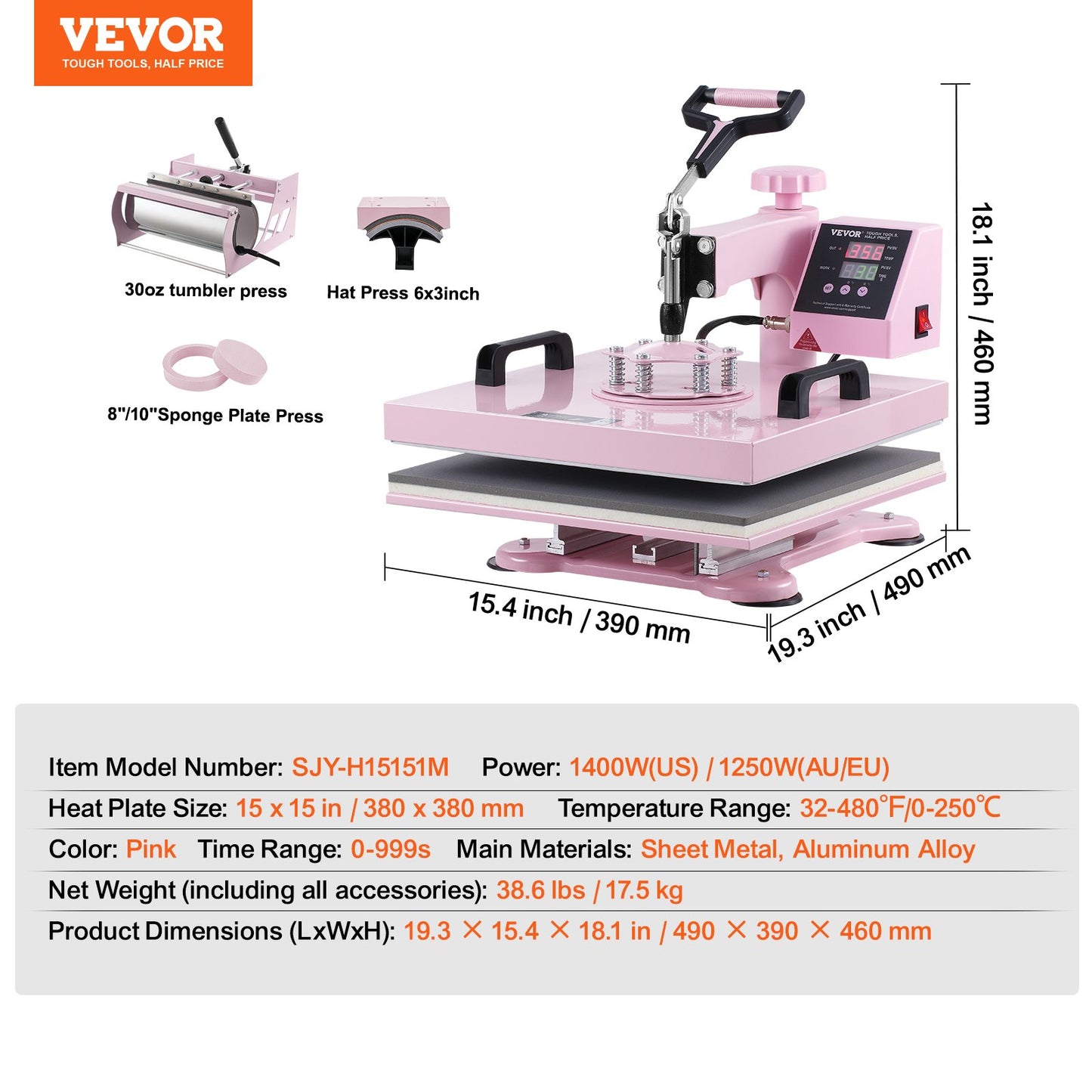 Heat Press Machine 15x15 i 5 i 1 med 30oz Tumbler Press T-shirts Rosa