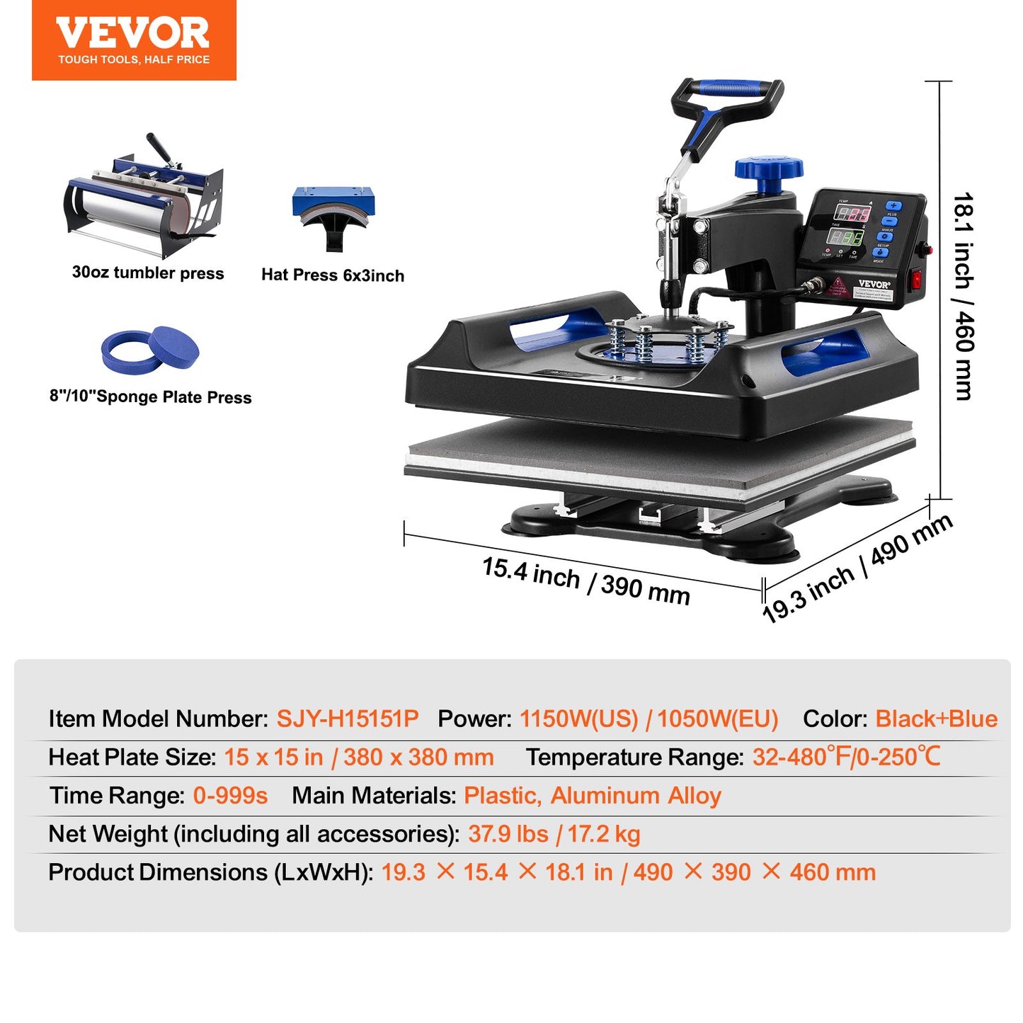 5 in 1 Heat Press Machine 15x15 in 30oz Tumbler Press T-shirts Svart+Blå