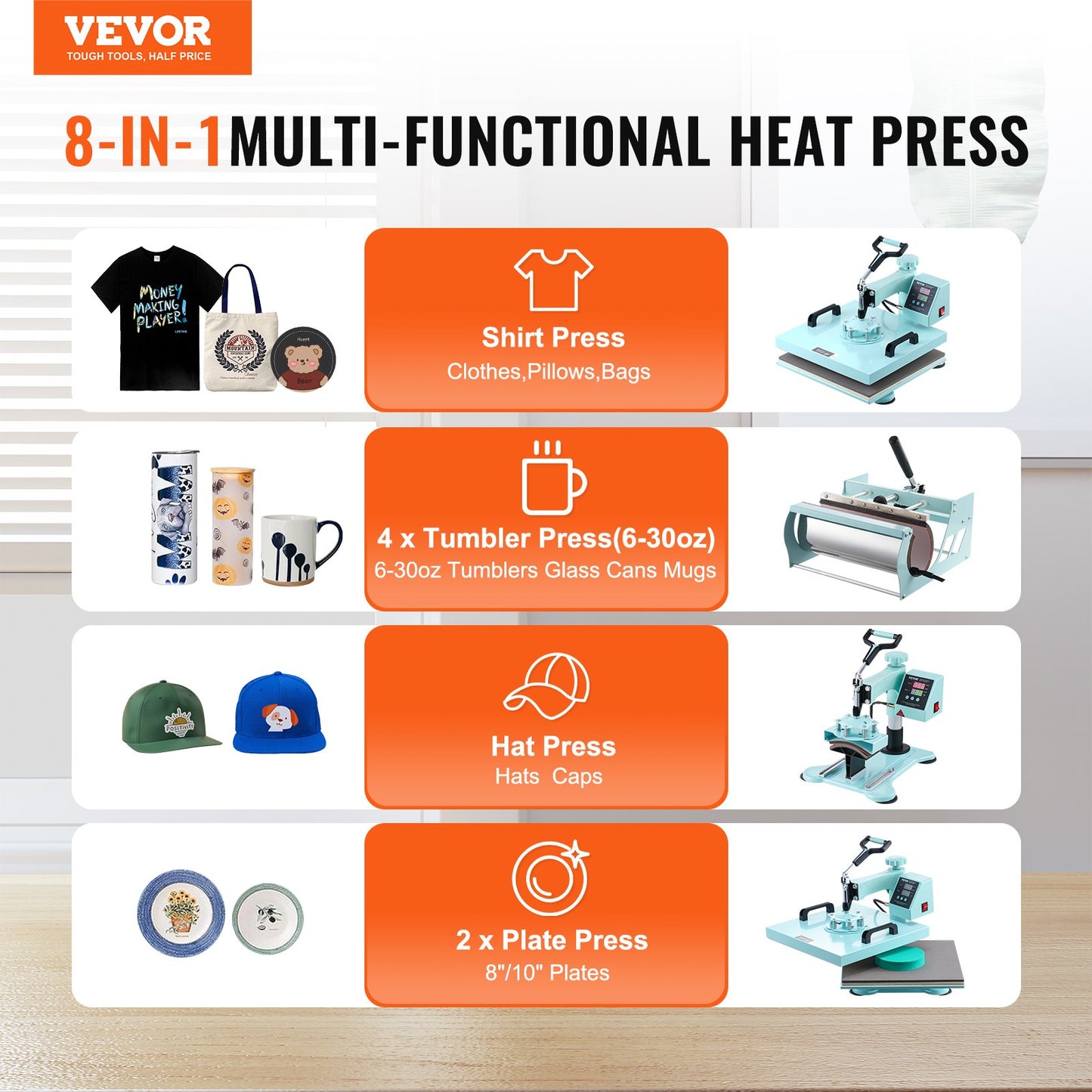 Wärmepresse 15x15 Zoll 8 in 1 mit 30oz Tumbler Presse T-Shirts Grün