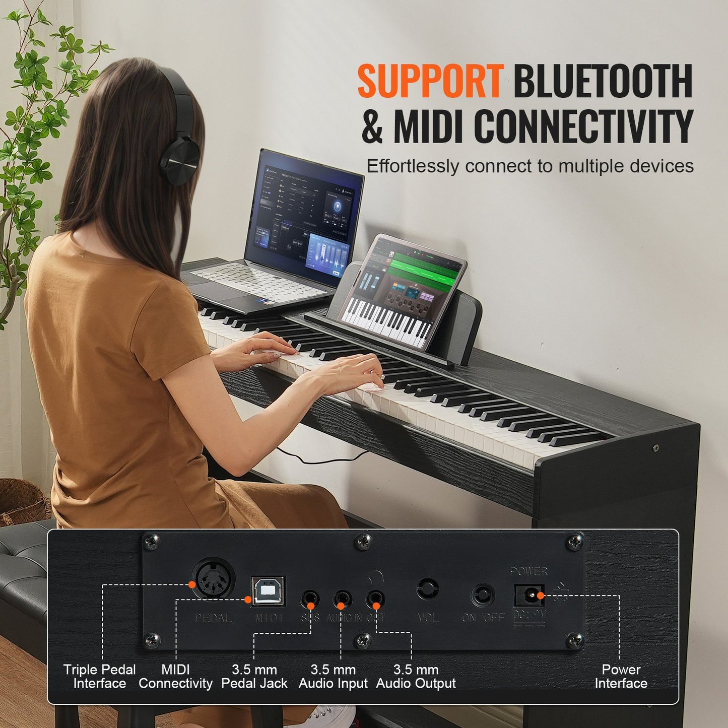 88-tangenter Helviktad digitalpiano Dubbelklaviaturläge Skåpfäste Bänk