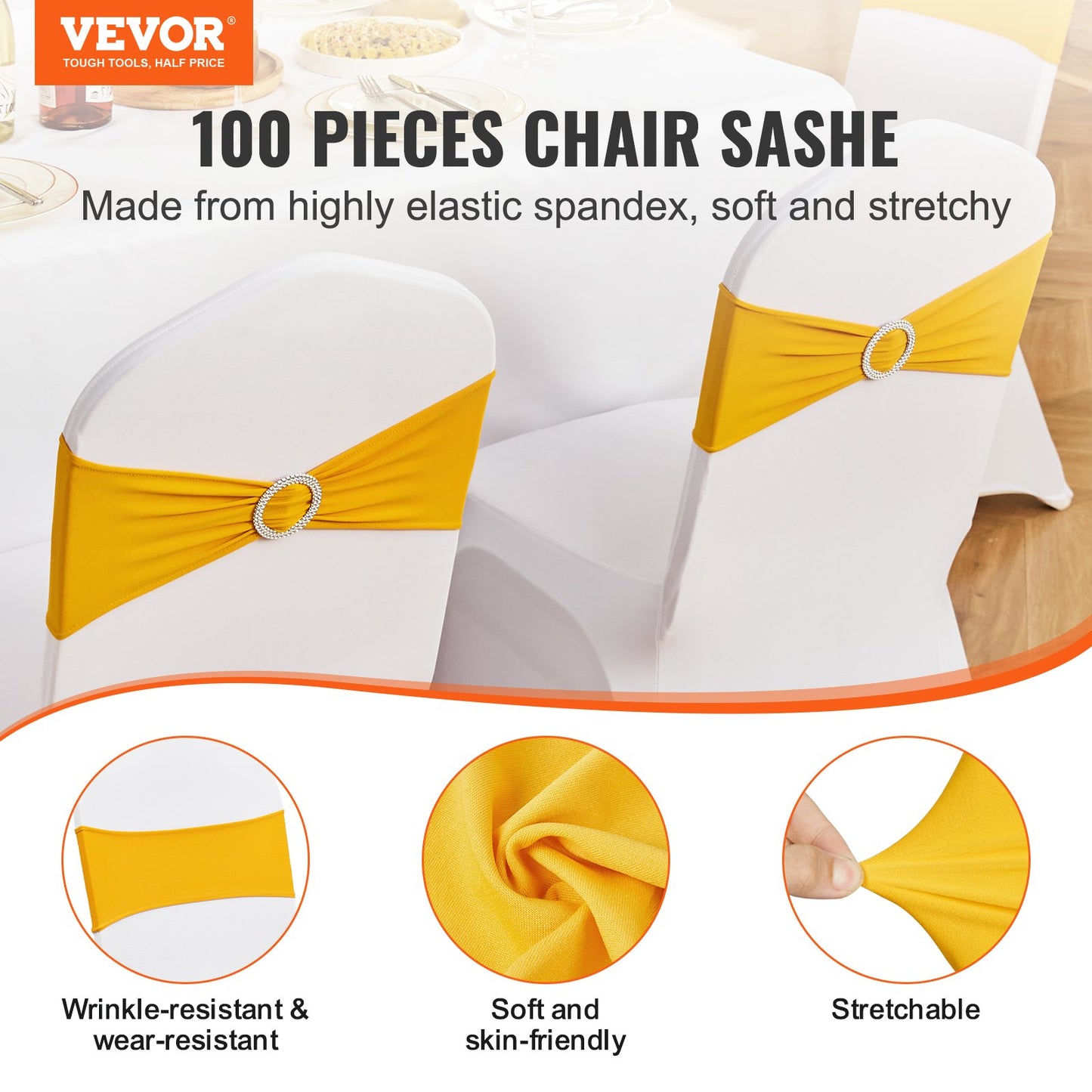 100 Stück goldgelbe Stuhlschärpen aus dehnbarem Spandex, Stuhlhussen und dehnbare Stuhlschärpen mit runder Schnalle, elastische Stuhlschärpen, geeignete Stuhldekoration für Hochzeiten, Feiertage, Bankette und Partys