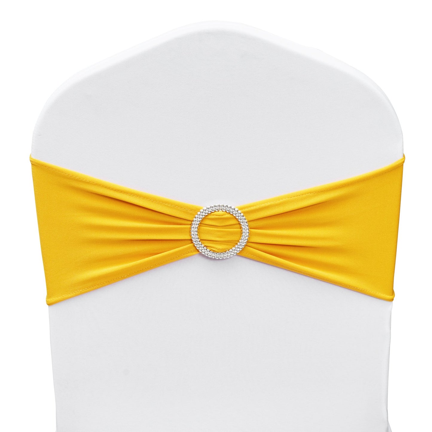 100 Stück goldgelbe Stuhlschärpen aus dehnbarem Spandex, Stuhlhussen und dehnbare Stuhlschärpen mit runder Schnalle, elastische Stuhlschärpen, geeignete Stuhldekoration für Hochzeiten, Feiertage, Bankette und Partys