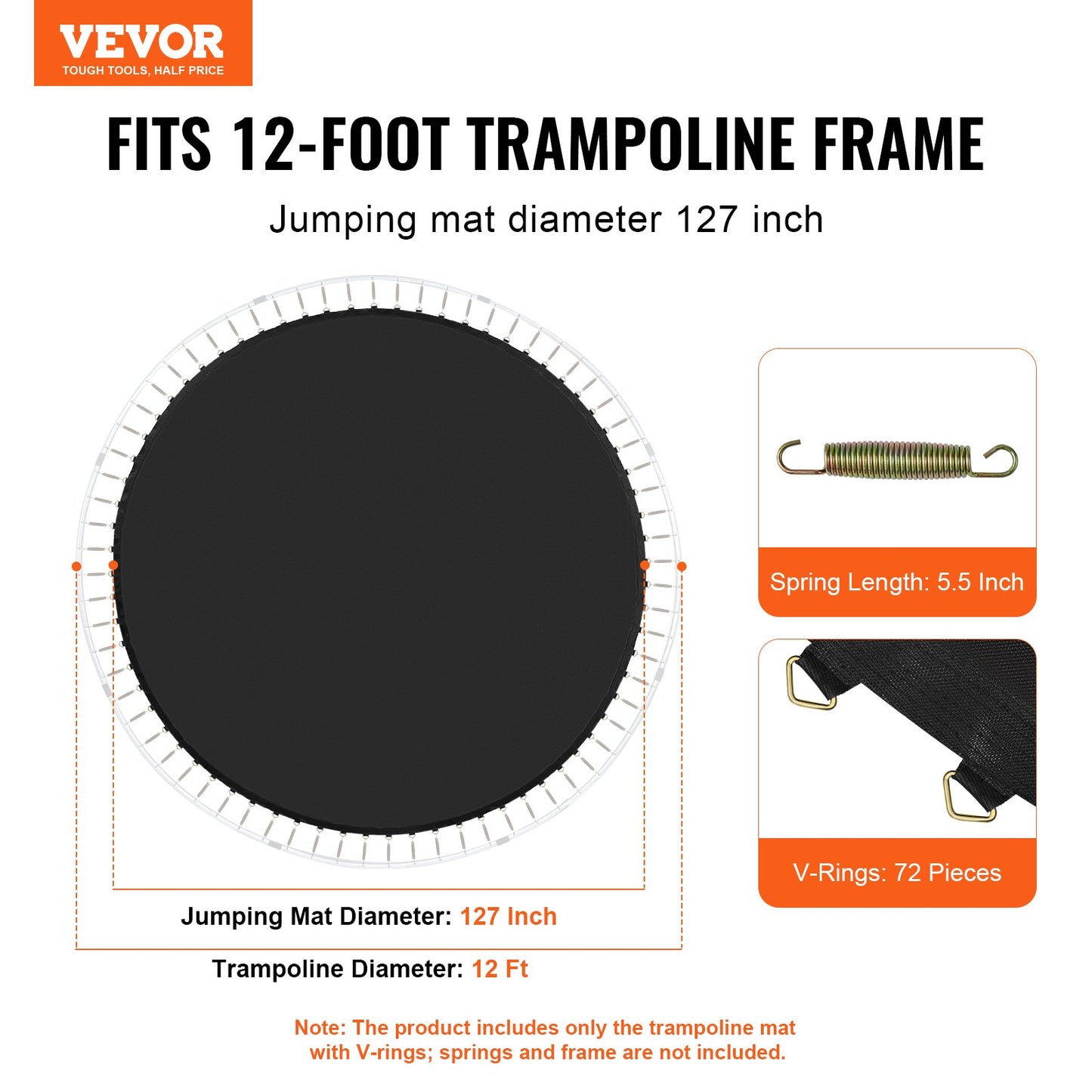 Ersättningsstudsmatta passar 12 fot ram 72 V-ringar 5,5" fjäderlängd