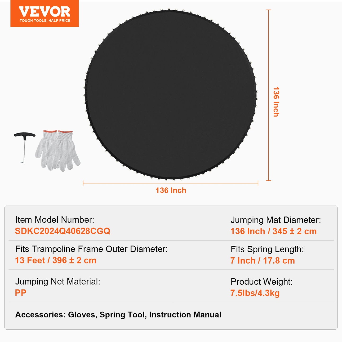 Ersättningsstudsmatta passar 13 fot ram 80 V-ringar 7" fjäderlängd