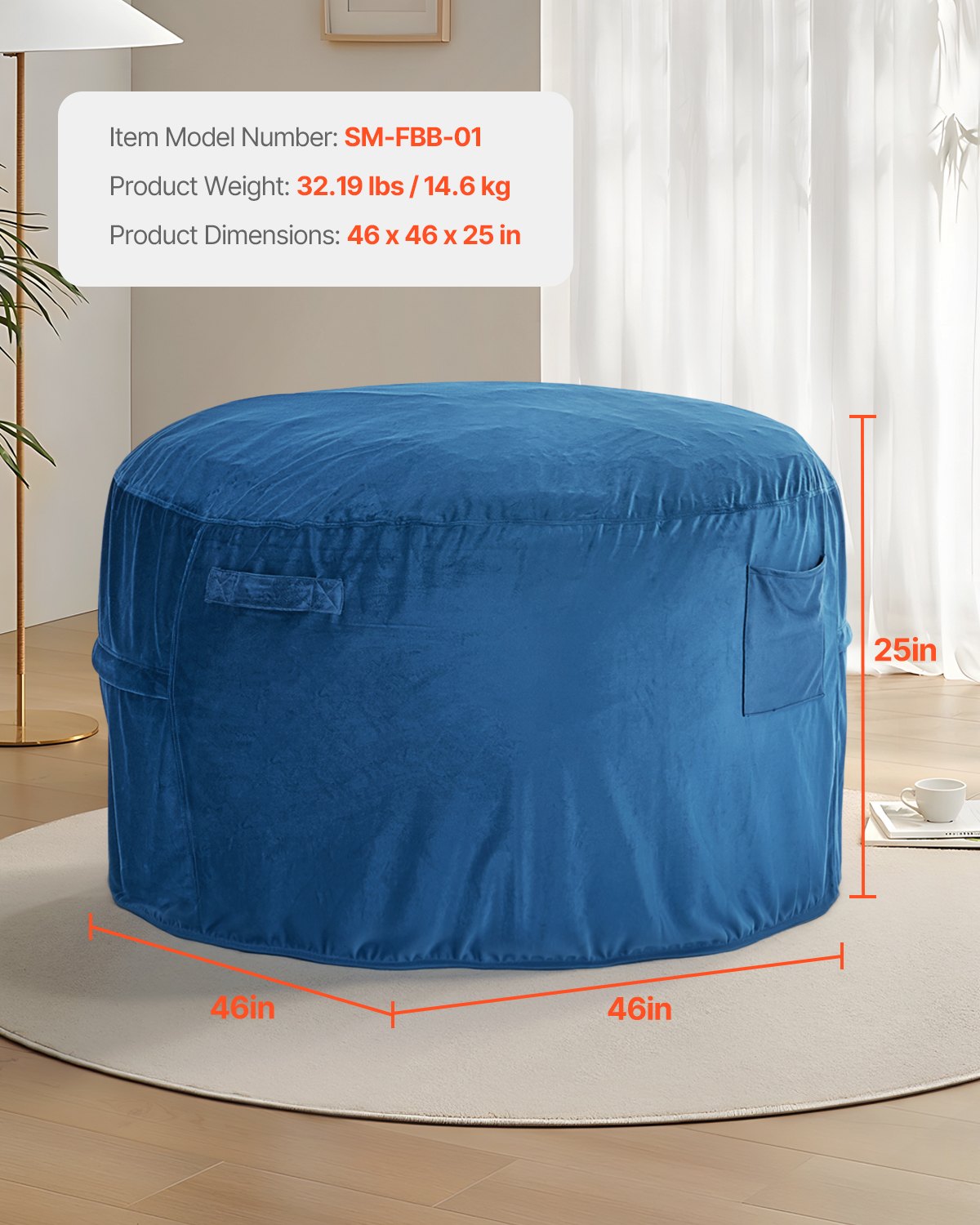 Round Bean Bag Stol med avtagbart och tvättbart överdrag för vuxna Blå