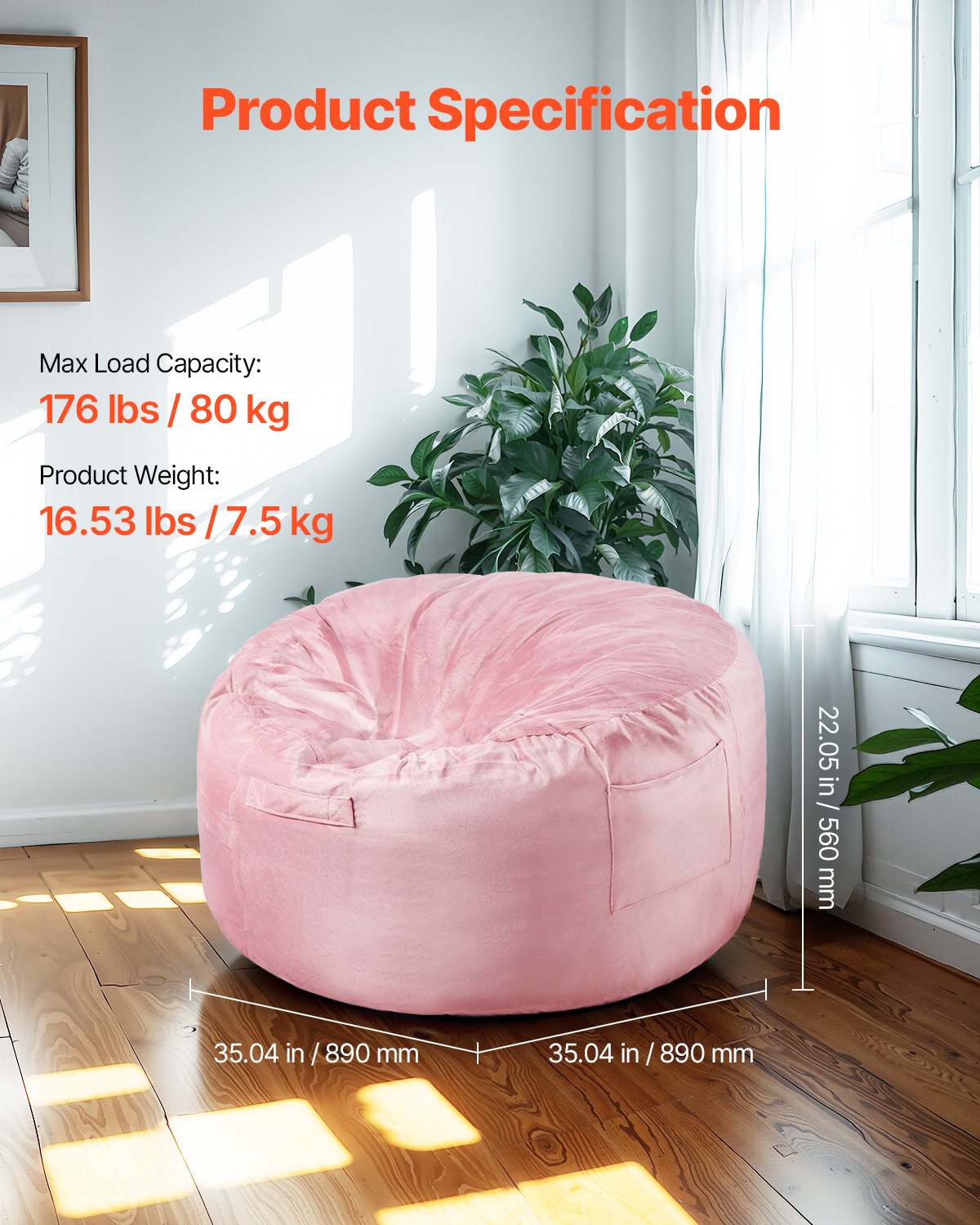 3ft Round Bean Bag Chair with Removable Cover & Dutch Velvet Pink