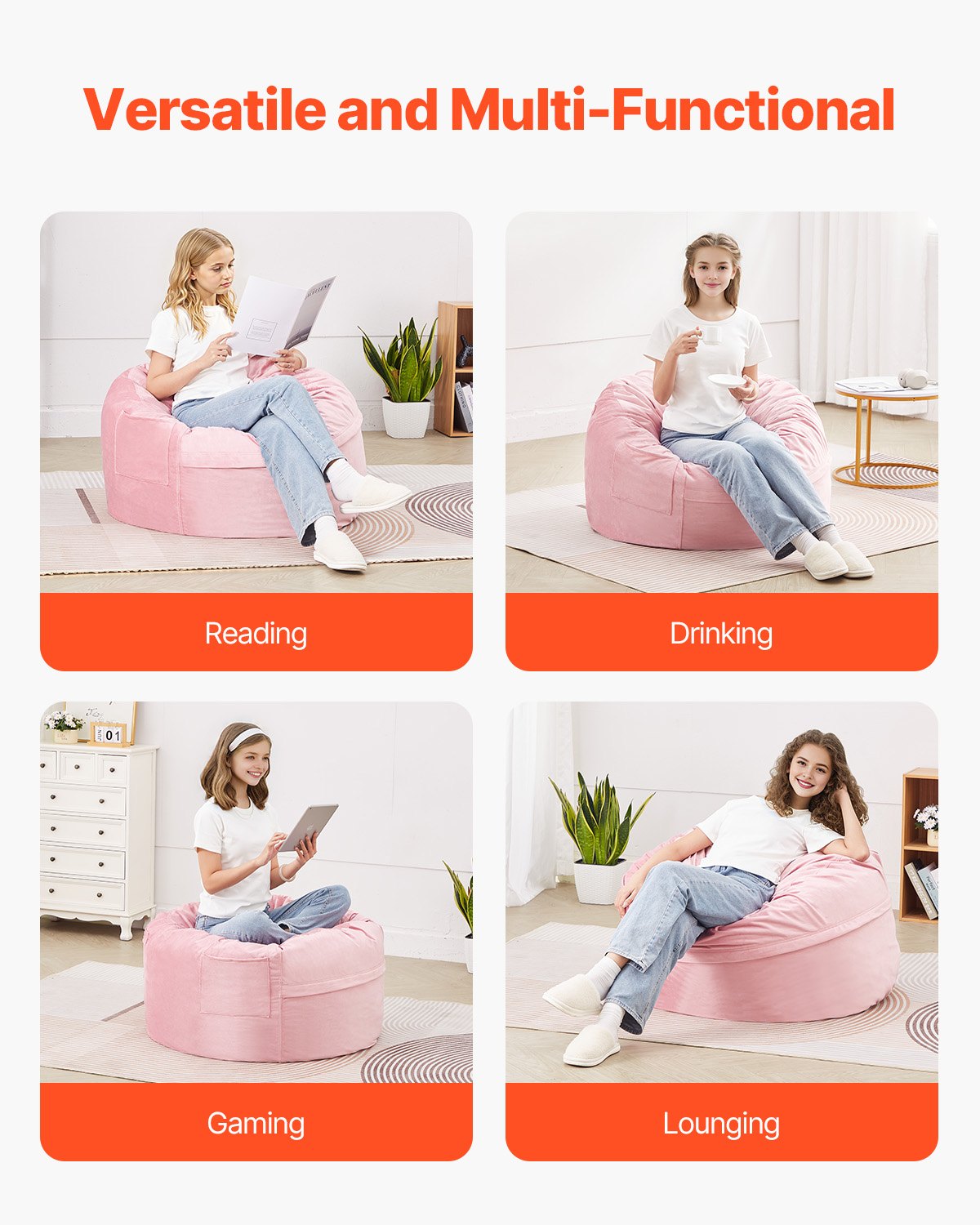 3ft Round Bean Bag Chair with Removable Cover & Dutch Velvet Pink