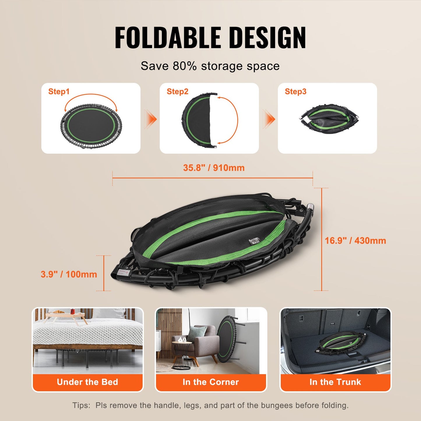 51" Foldable Mini Fitness Trampoline Adult Exercise Rebounder with Handle