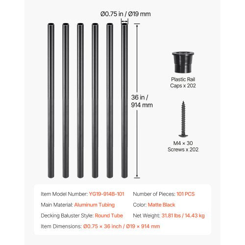 Trappbaluster 101-pack 36 tum aluminiumspindlar med skruvar/räckeskåpor | EU