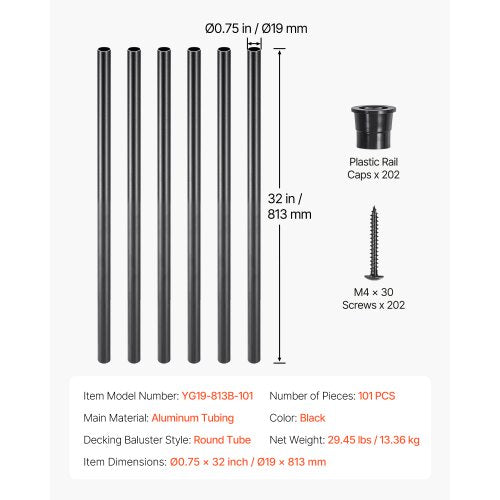 Staircase Balusters 101 Pack 32 i aluminiumspindlar med skruvar/skena lock | EU