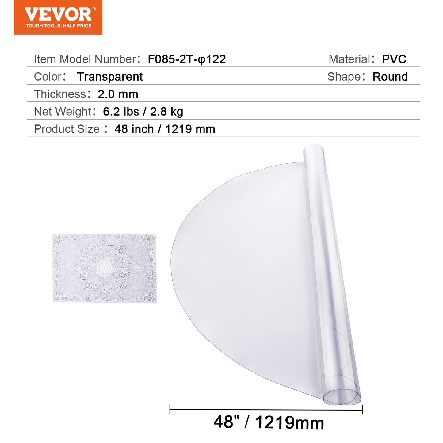 PVC bordsskydd 48 tum runt skrivbordsskydd i klar plast 2,0 mm tjockt