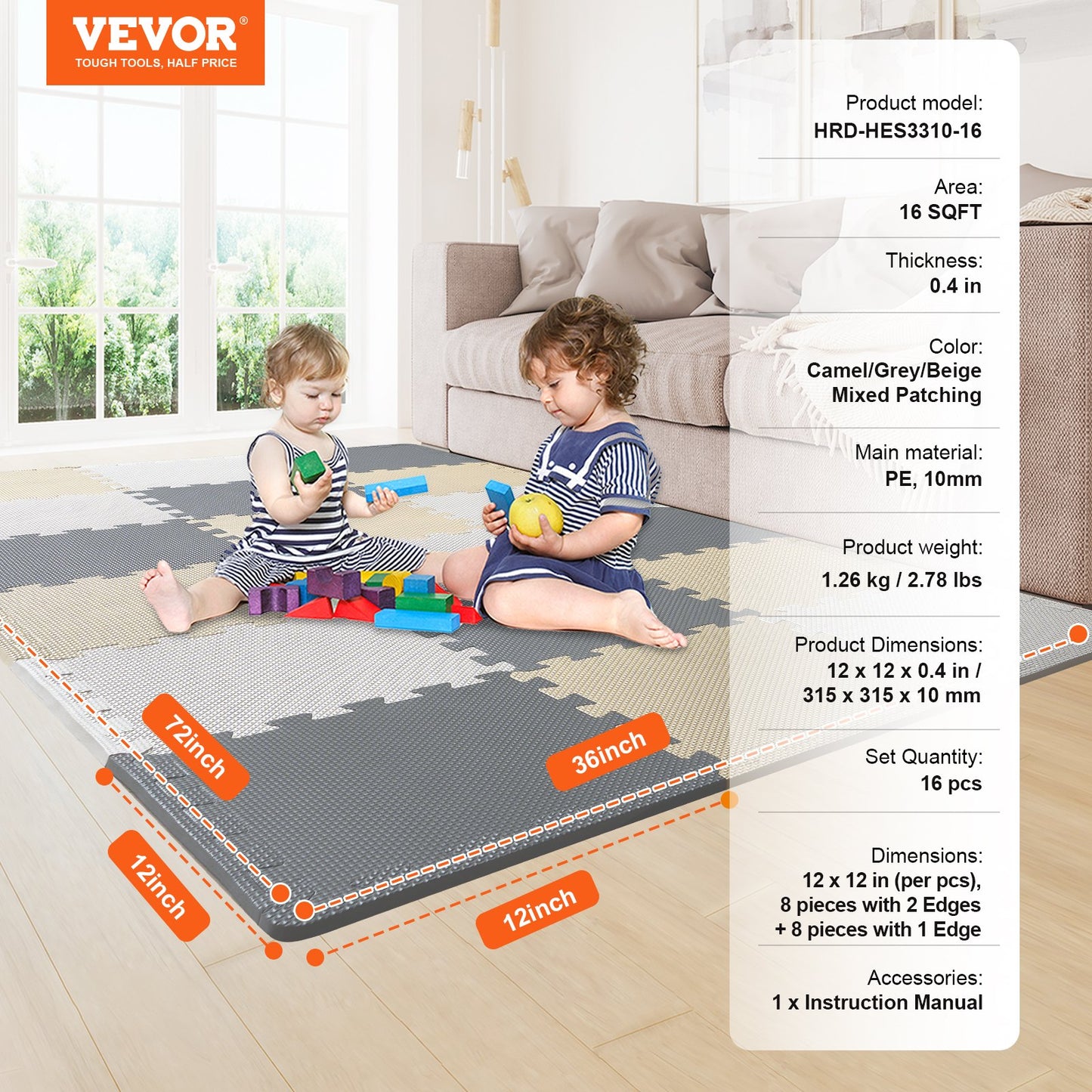 Kids Foam Pussel Golv Lekmatta 0,4 i 16 st Interlocking EVA Soft Tiles
